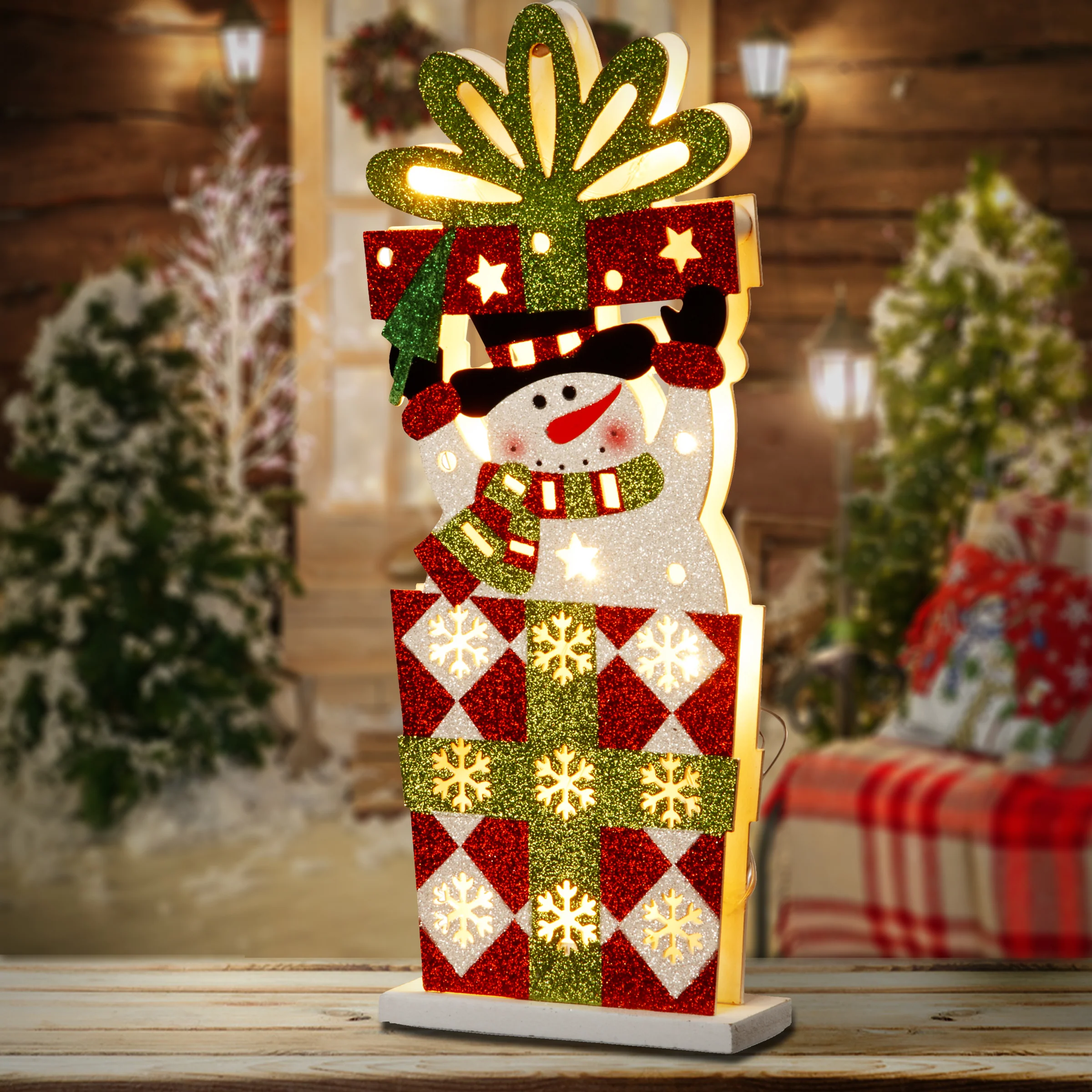 17 in. Pre-Lit Wooden Gift Box Snowman - Image 2