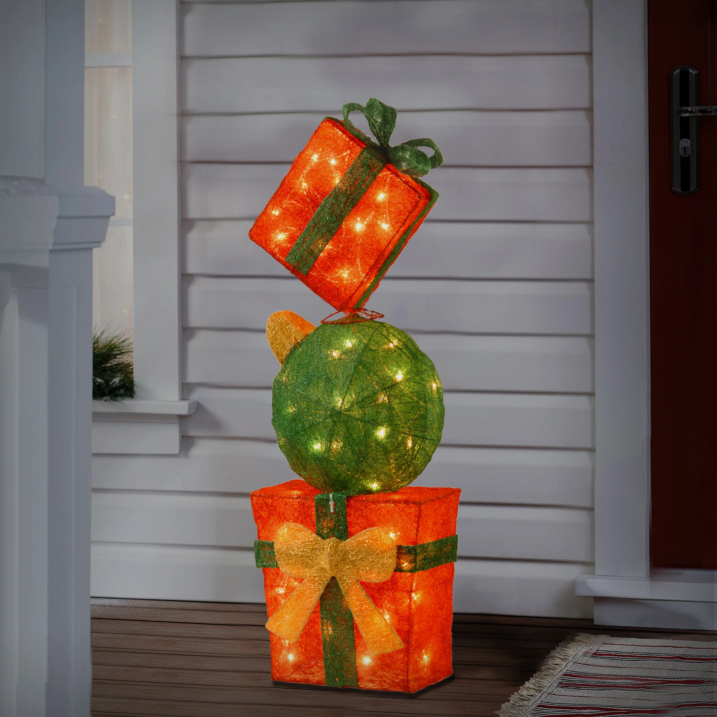 33 in. Pre-Lit Stack of Red and Green Gift Boxes Decoration, White Lights - Image 2