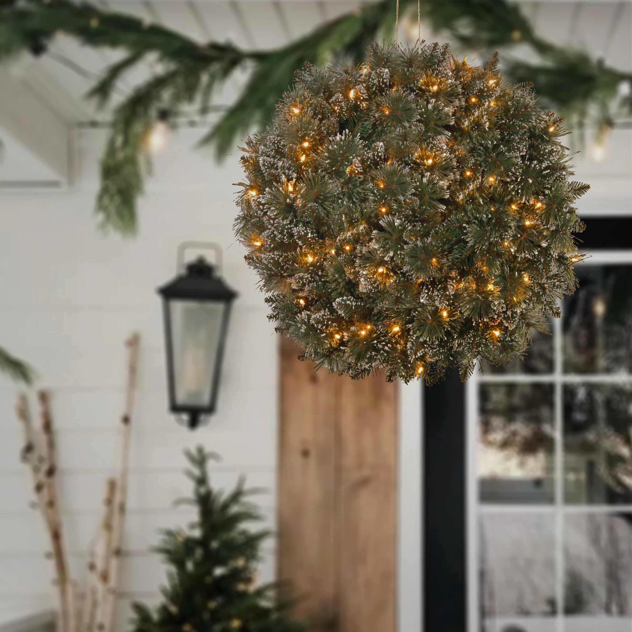 16 in. Pre-Lit Glittery Bristle Pine Kissing Ball with Battery Operated Warm White LED Lights - Image 2