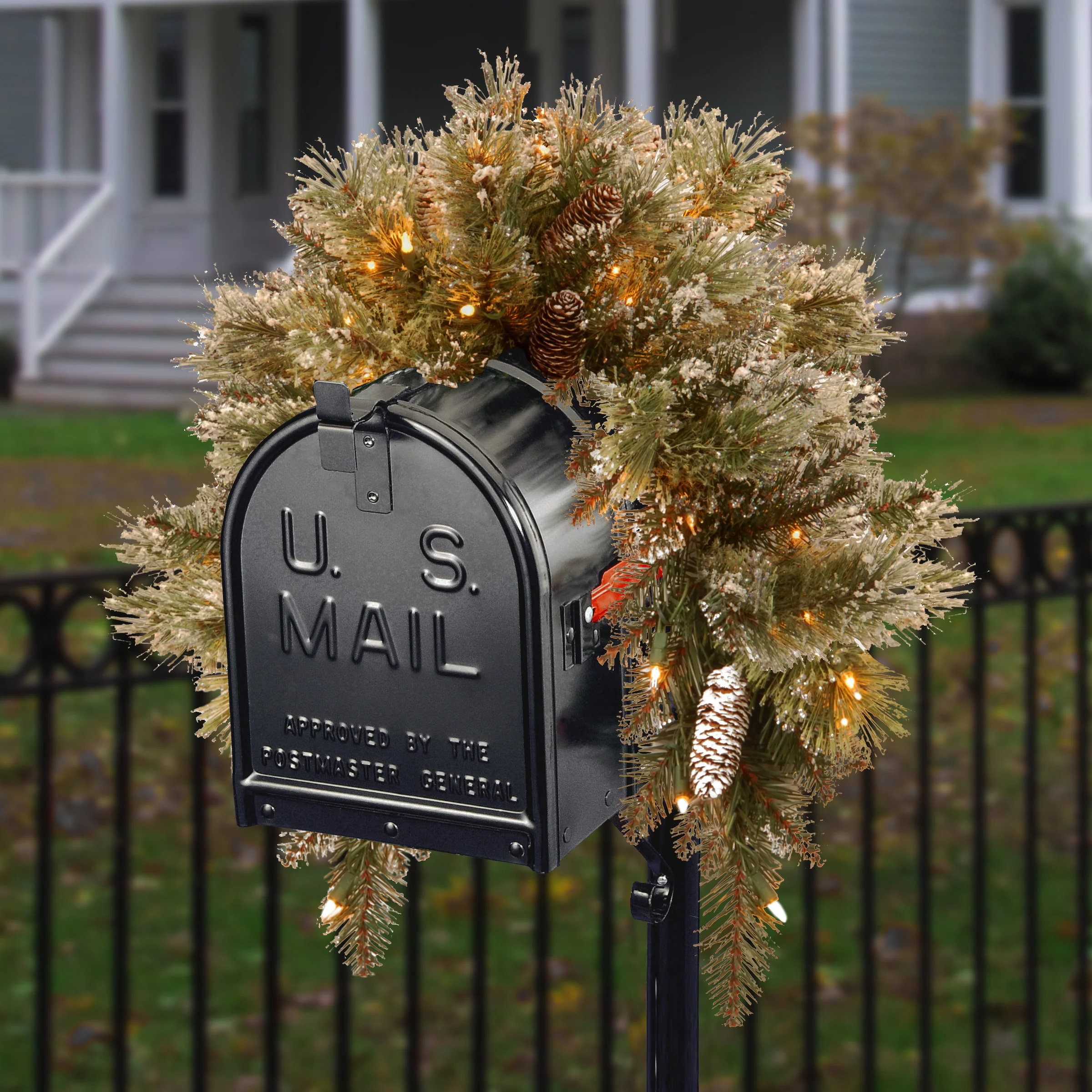 36 in. Pre-Lit Glittery Bristle Pine Mailbox Swag with Warm White LED Lights - Image 2