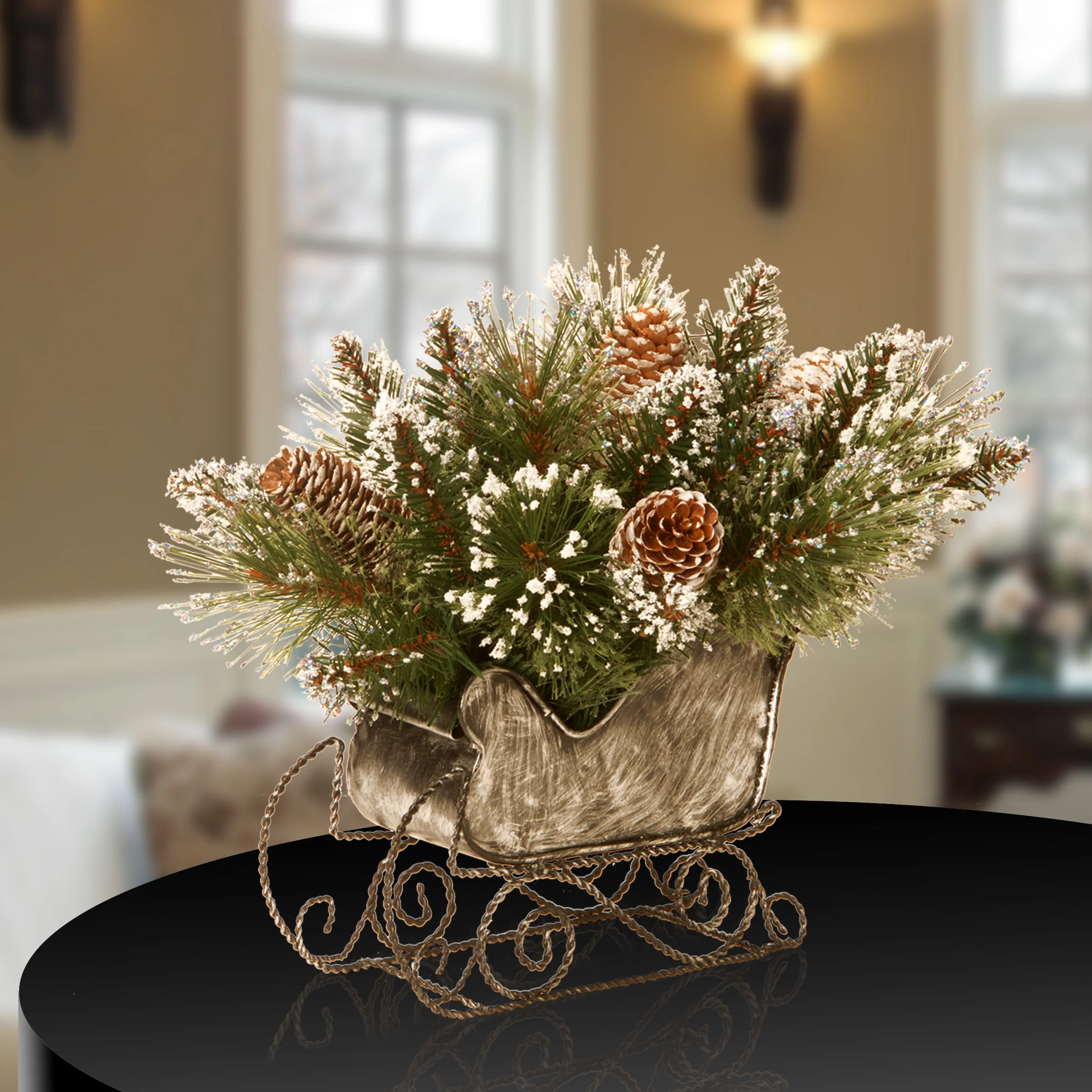 10 in. Glittery Bristle Pine Sleigh - Image 2