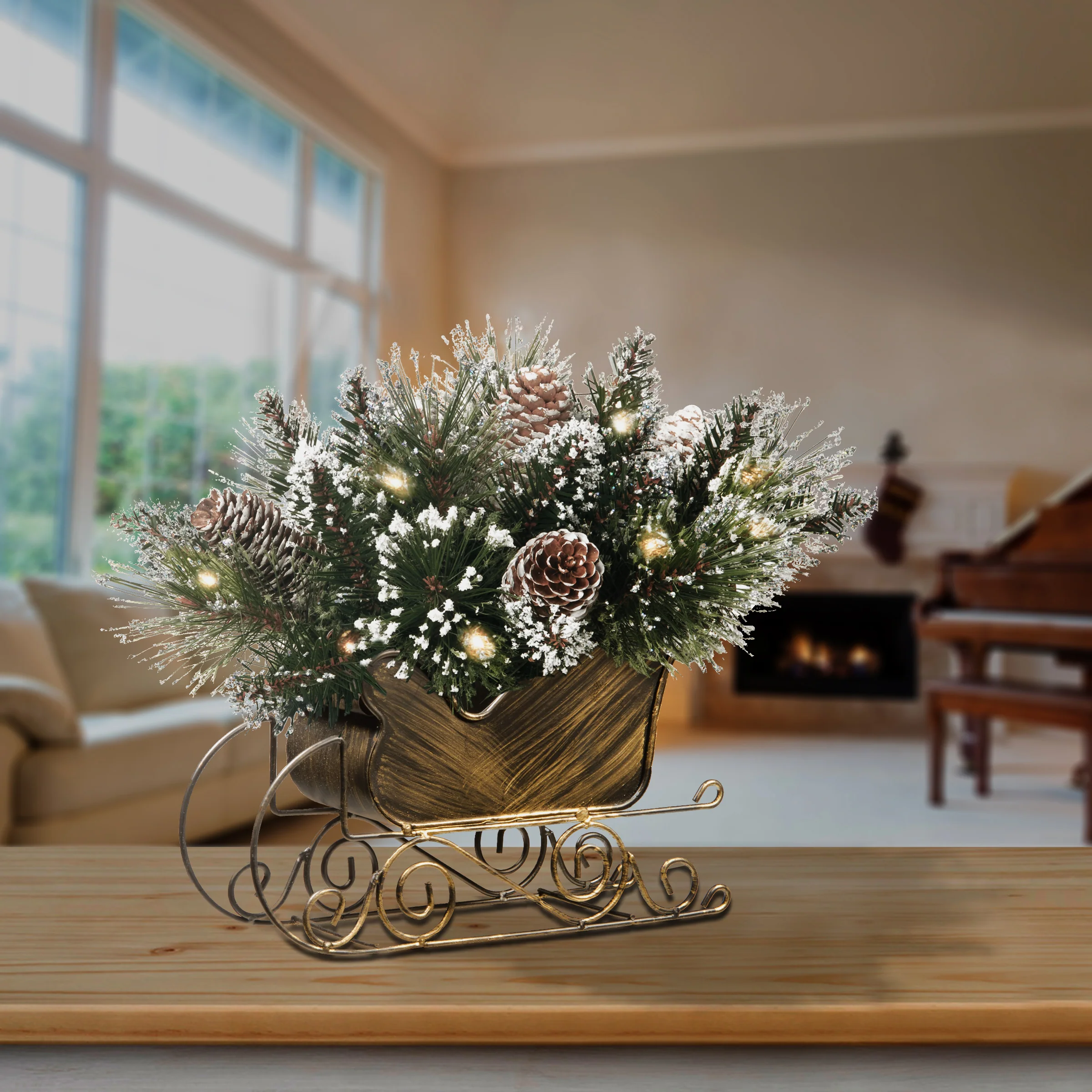 10 in. Glittery Bristle Pine Sleigh with LED Lights - Image 2