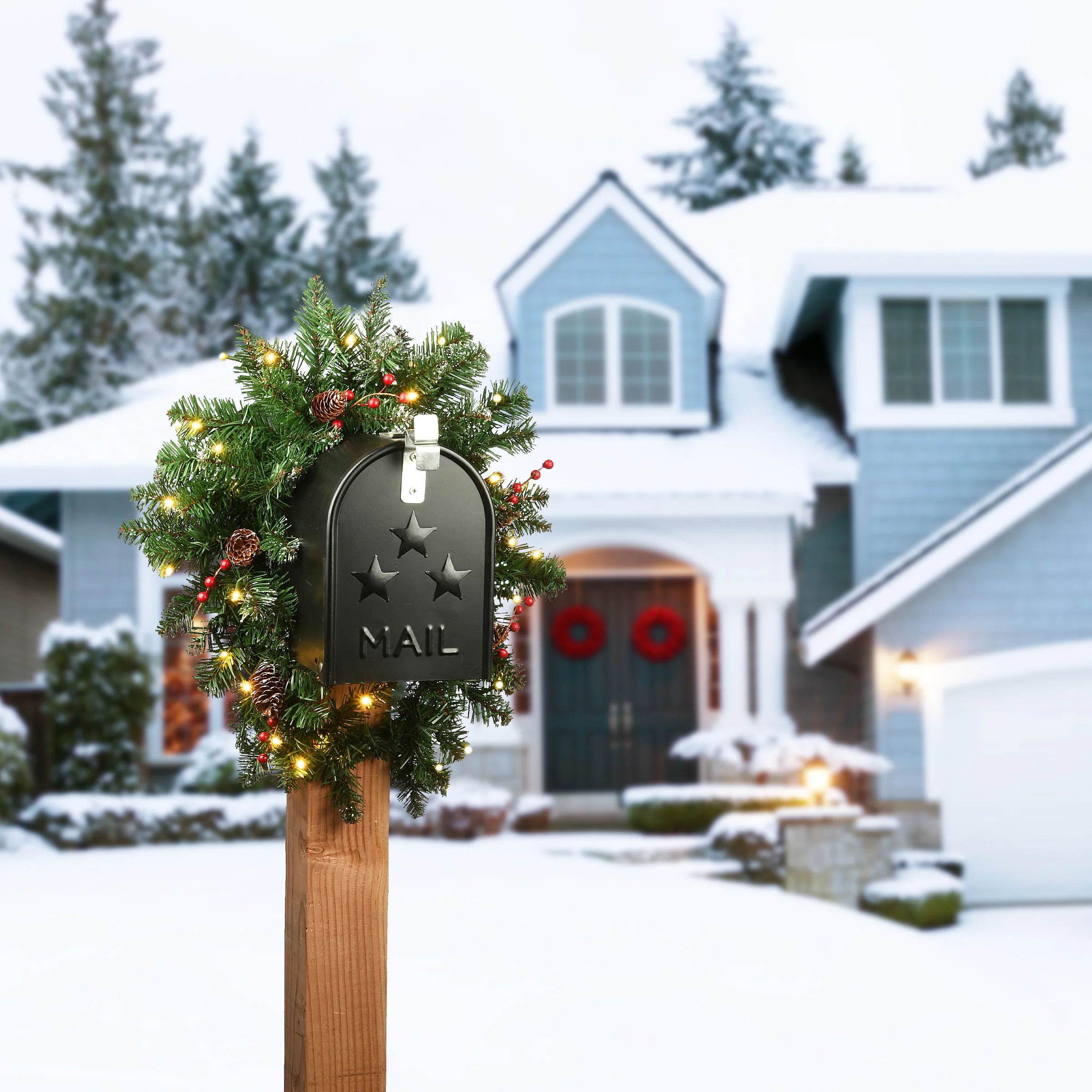 36 in. Pre-Lit Glittery Mountain Spruce Mailbox Swag with LED Lights - Image 2