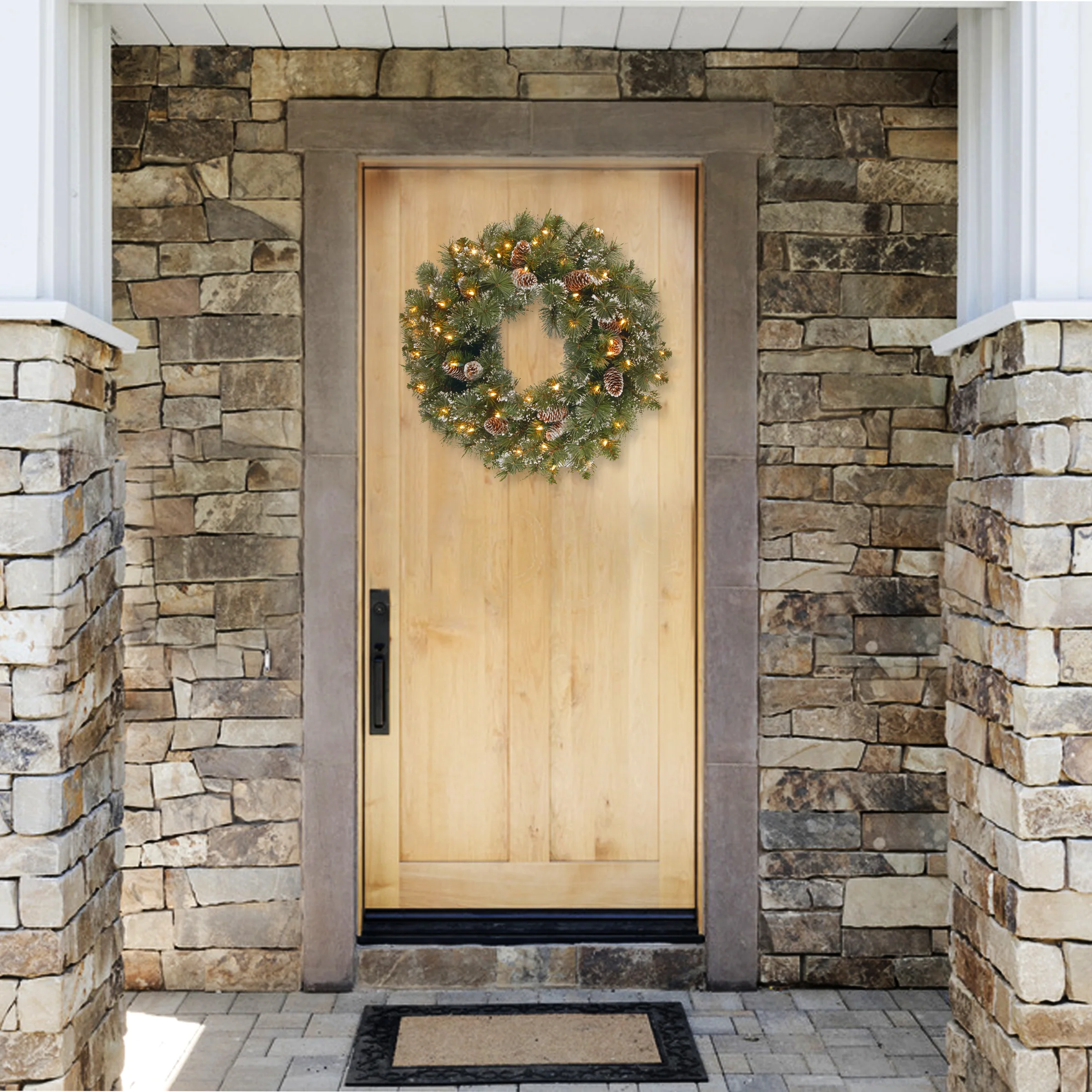 24 in. Pre-Lit Glittery Pine Wreath with Clear Lights - Image 2