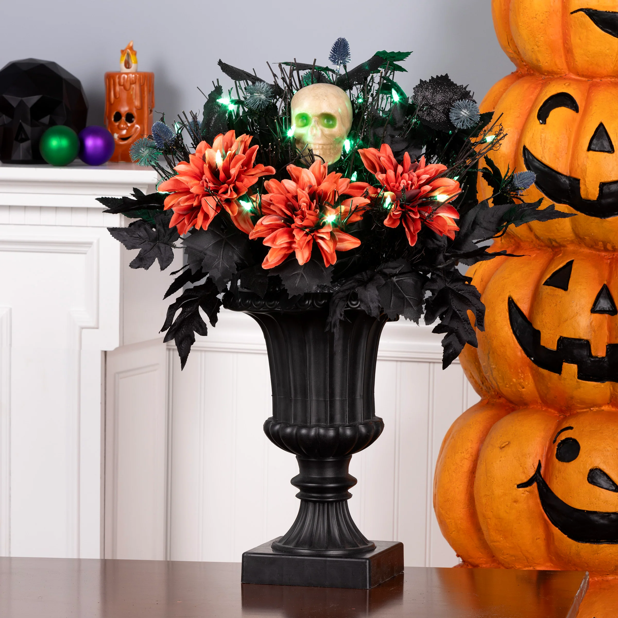 20 in. Halloween Boo-tiful Urn with Orange Florals and White Skull, LED Lights - Image 2
