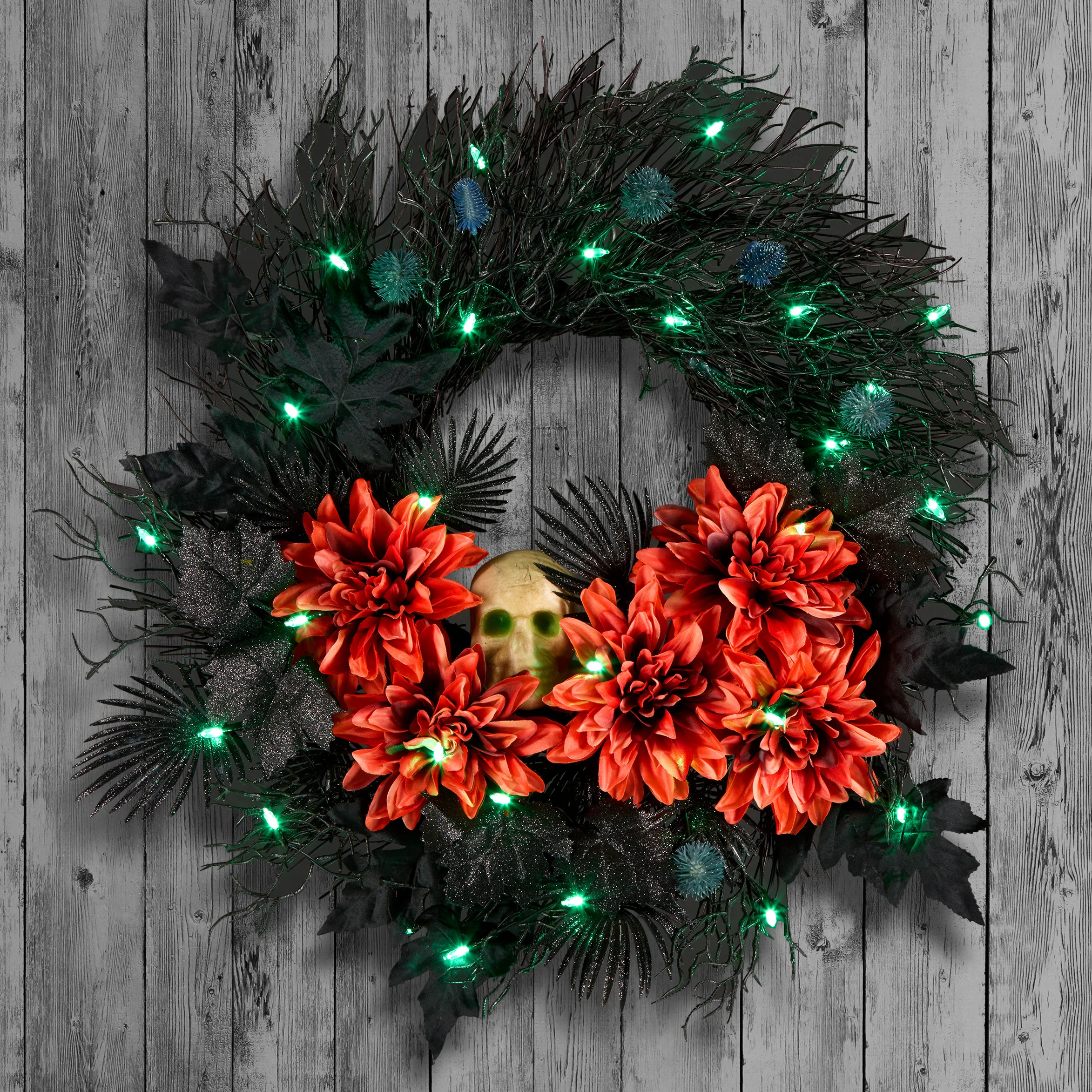 24 in. Halloween Boo-tiful Wreath with Orange Florals and White Skull, LED Lights - Image 2