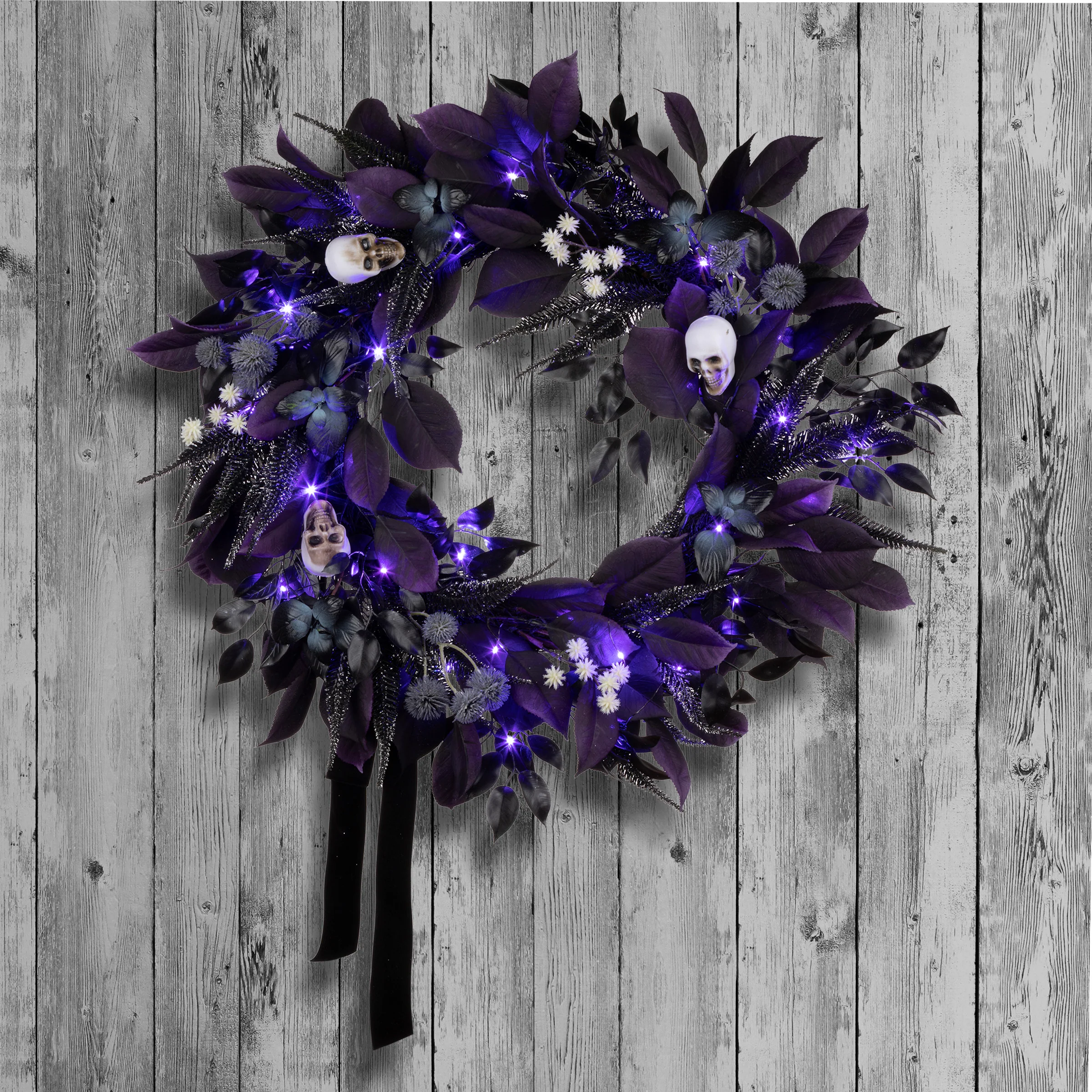 26 in. Halloween Floral Mini Skull Wreath with LED Lights - Image 2