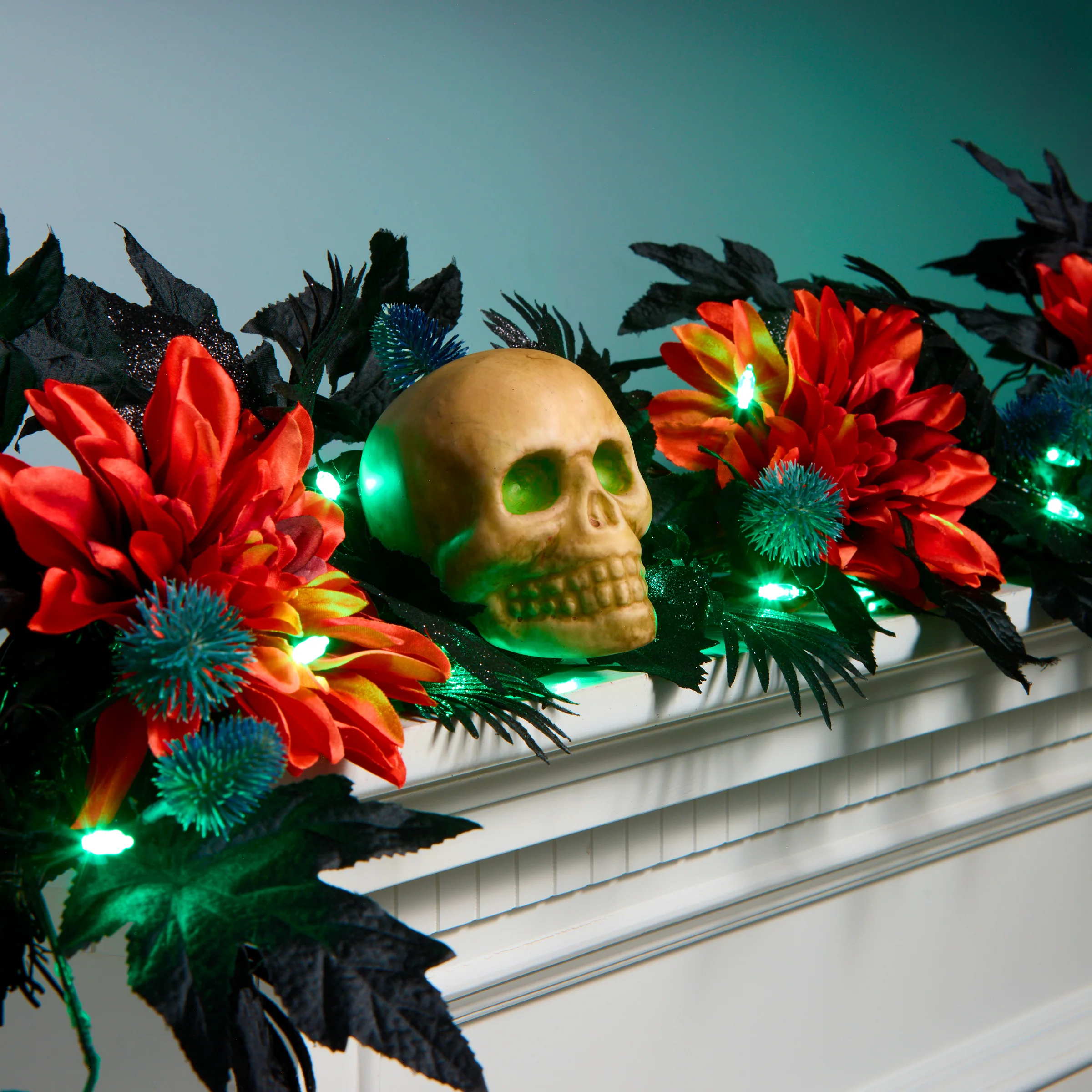 6 ft. Halloween Boo-tiful Garland with Orange Dahlia Flowers, White Skulls, LED Lights - Image 2