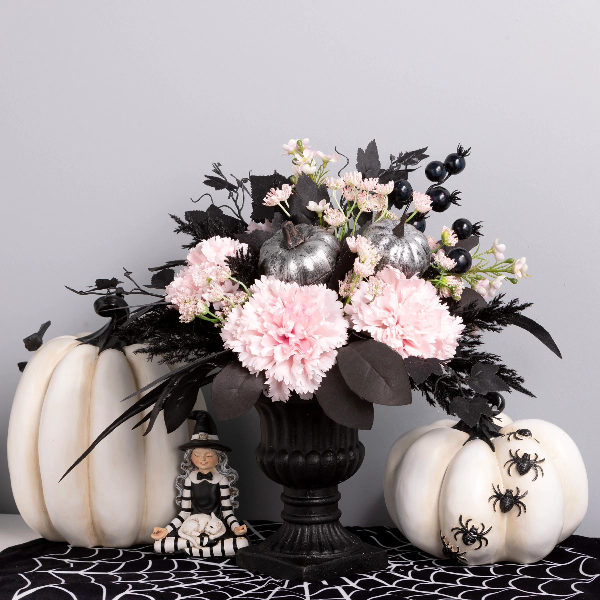 17 in. Halloween Pretty Morbid Pink Carnation Centerpiece with Black Pedestal Urn, Velvet Pumpkins - Image 2
