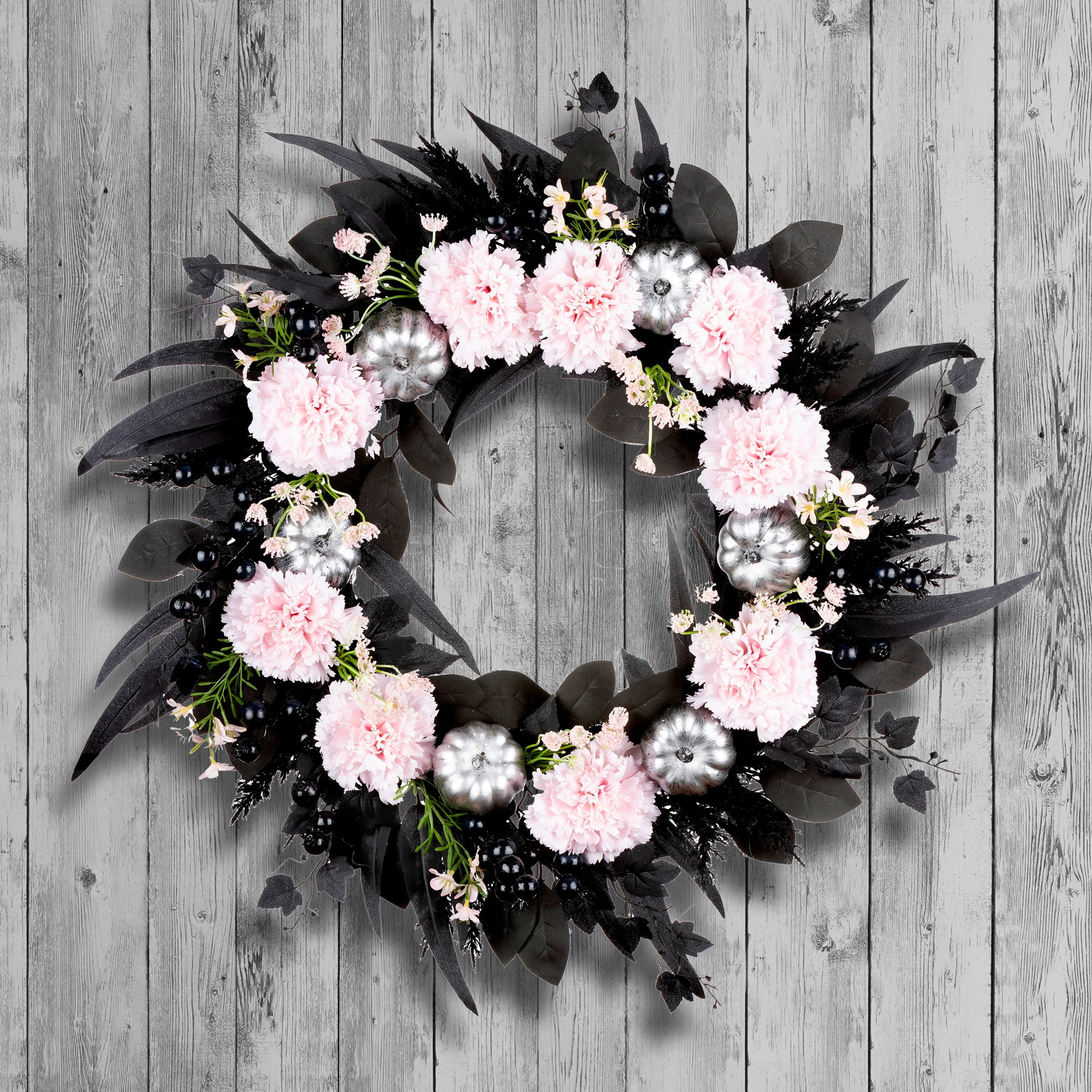 26 in. Halloween Pretty Morbid Pink Carnation Wreath with Silver Pumpkins - Image 2