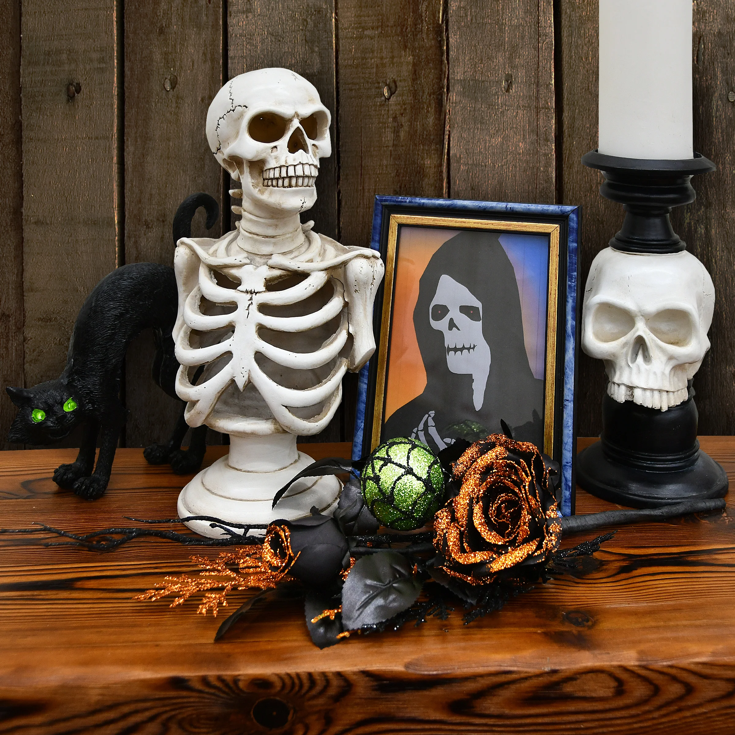 20 in. Set of 2 Halloween Spooky Bouquet with Roses, Ball Ornaments, Twigs, Leaves - Image 2