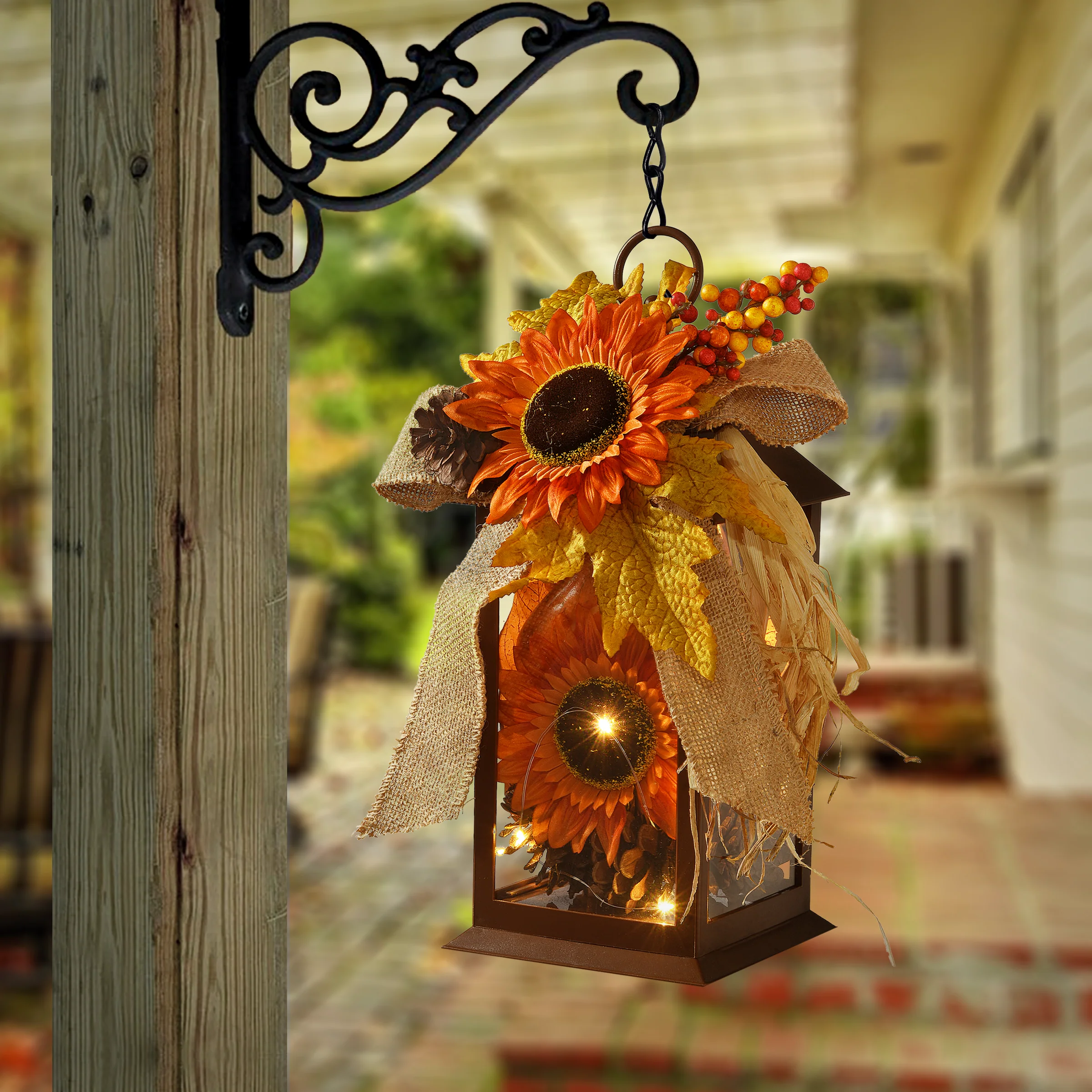 12 in. Fall Lantern with LED Lights, Filled with Sunflower Blooms, Leaves, Pinecones, Berry Clusters - Image 2