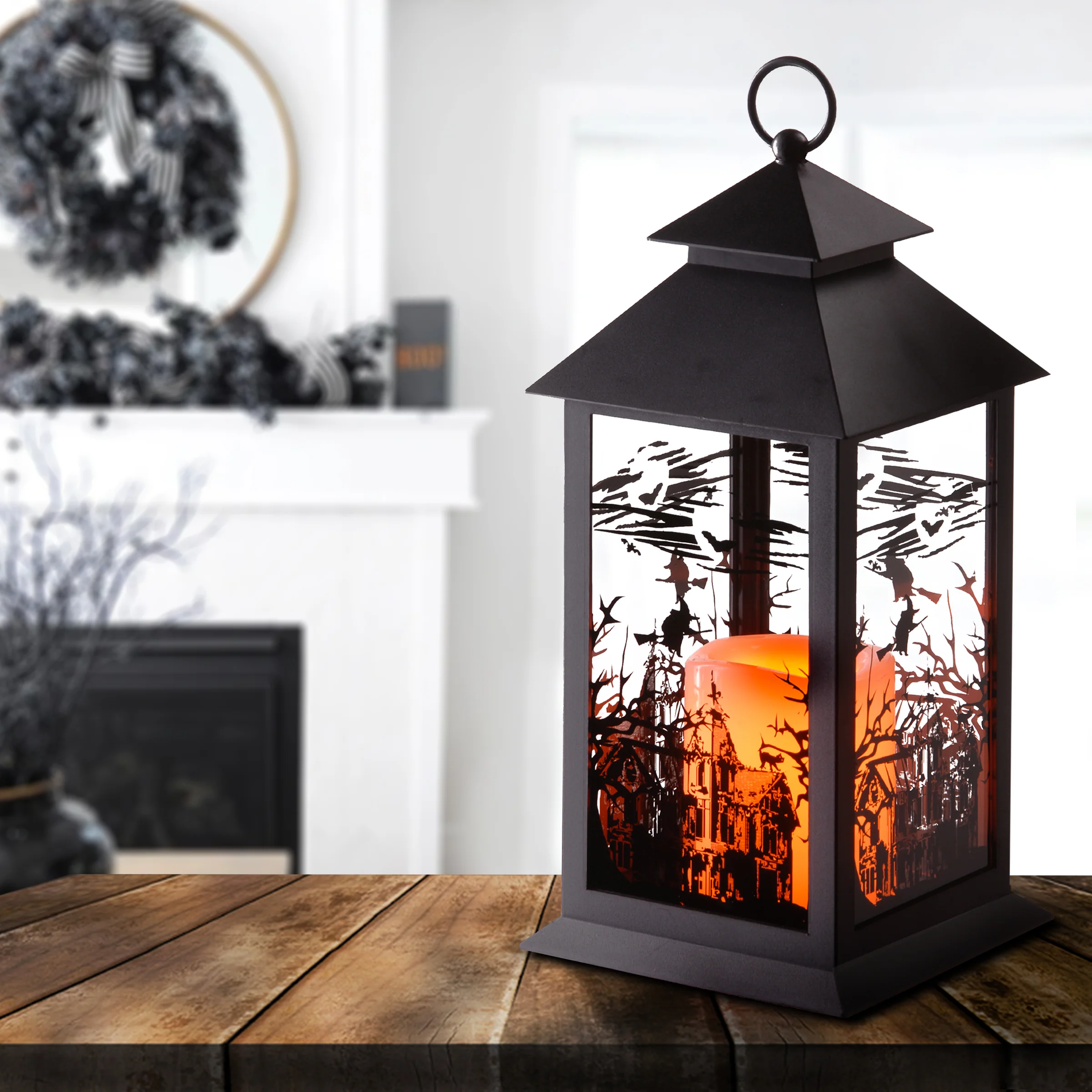 12 in. Halloween Carved Images of Witches Haunted House Lantern with LED Lights - Image 2