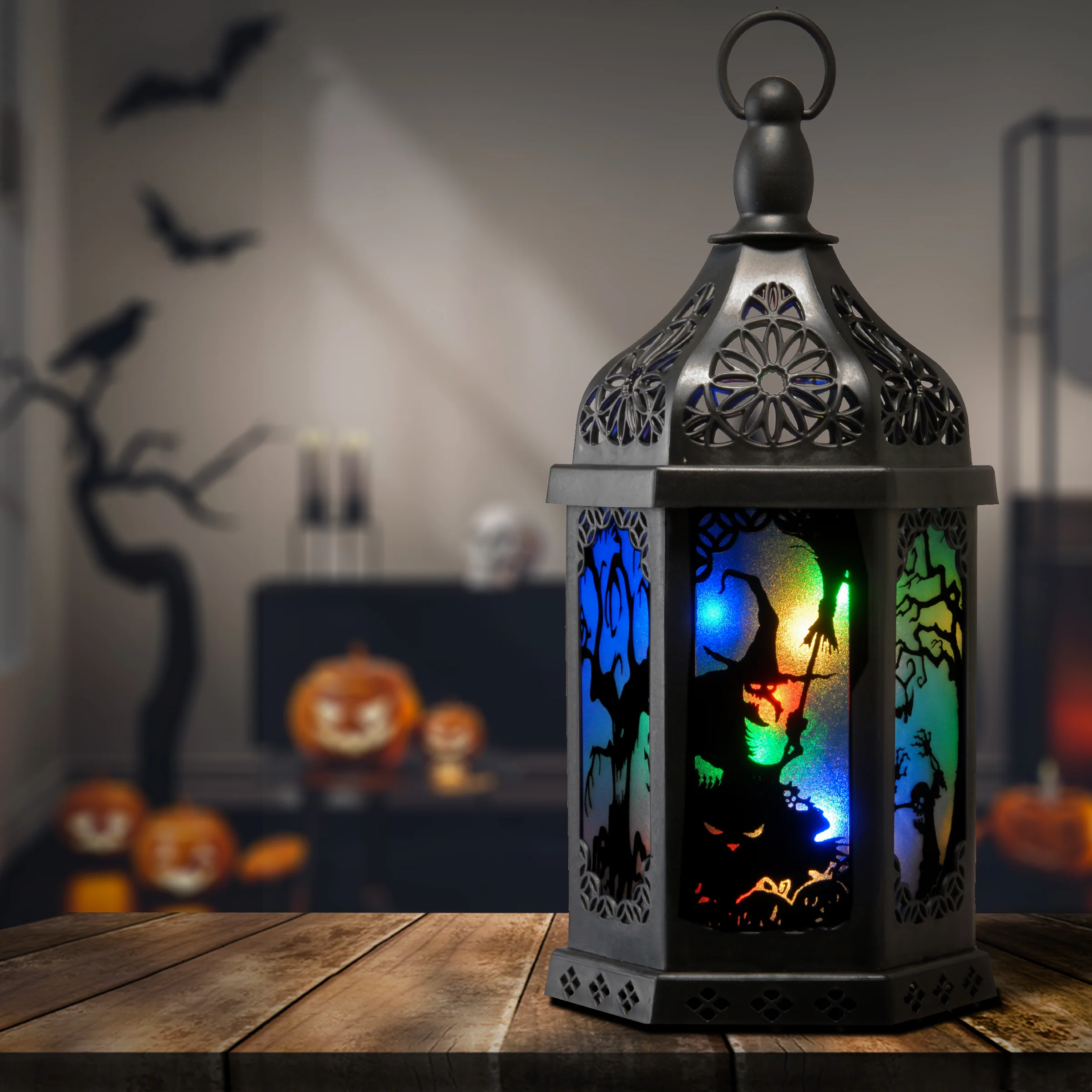 15 in. Halloween Carved Images Lantern with LED Lights - Image 2