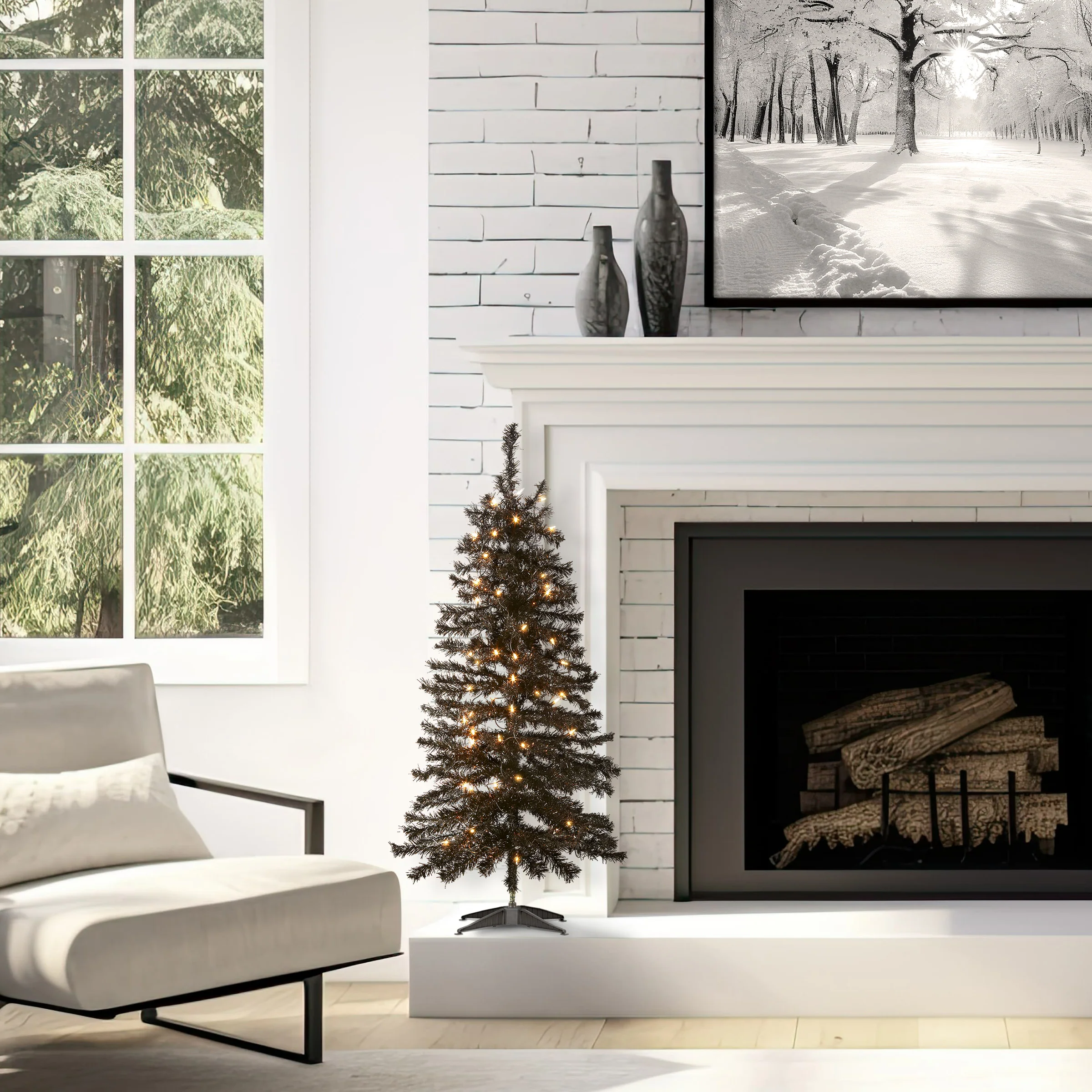 4 ft. Halloween Pre-Lit Black Tinsel Tree with White Lights, Plug-In - Image 2