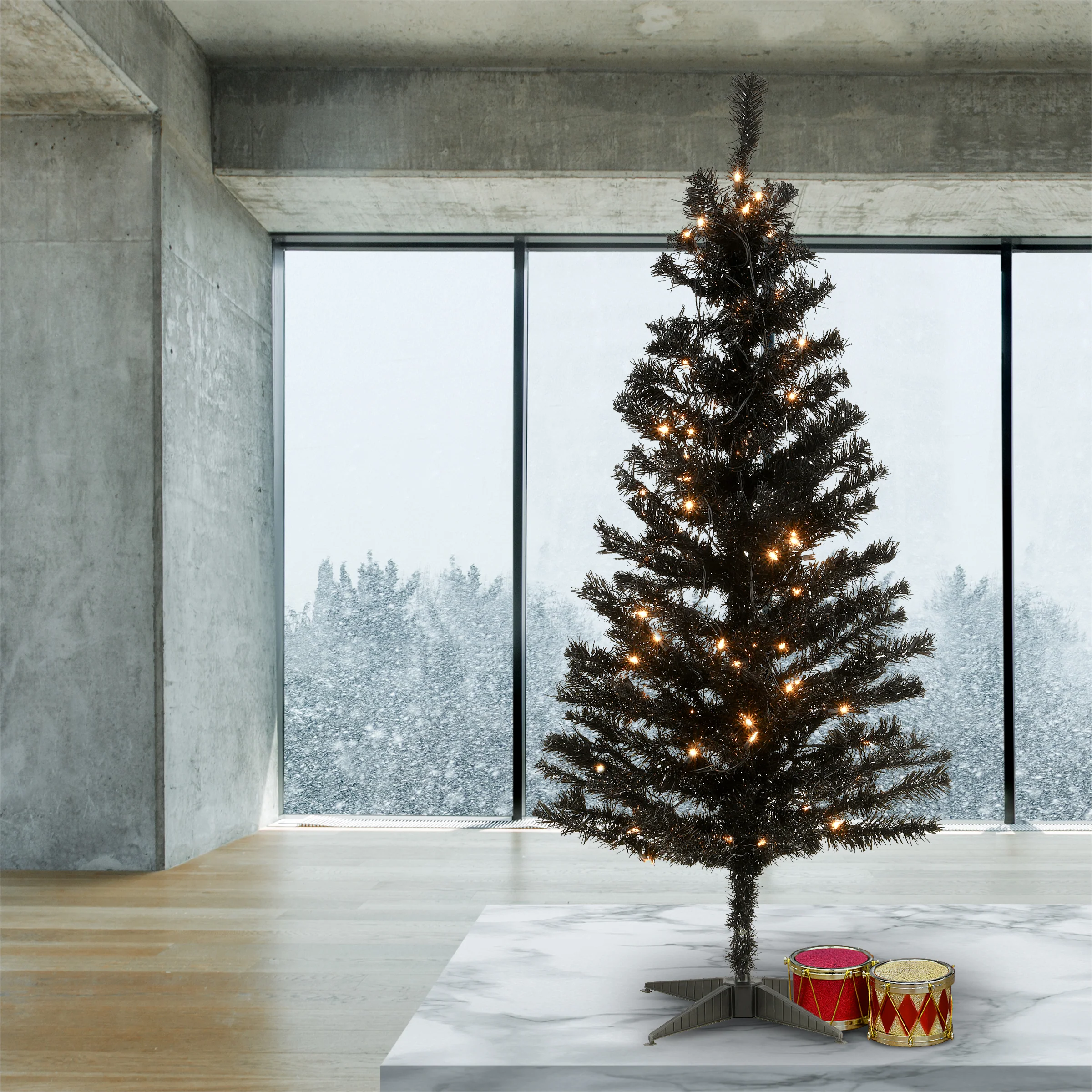 4 ft. Halloween Pre-Lit Black Tinsel Tree with White Lights, Plug-In - Image 3