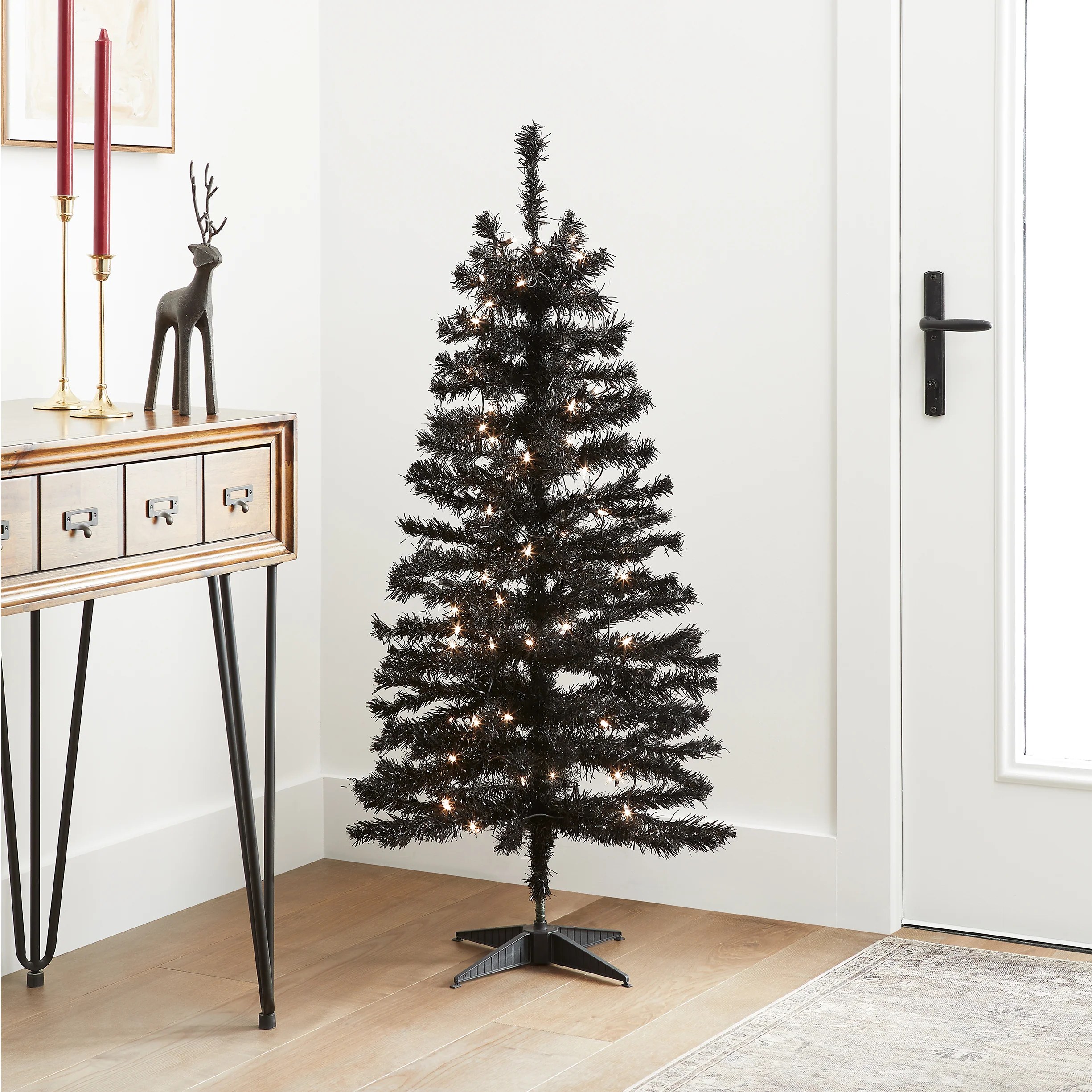 4 ft. Halloween Pre-Lit Black Tinsel Tree with White Lights, Plug-In - Image 4
