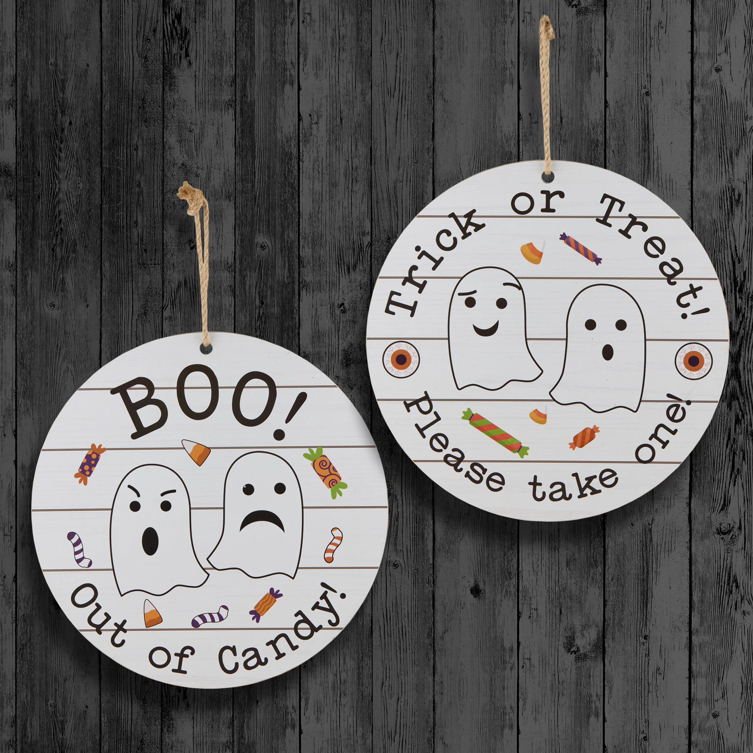 12 in. Halloween Hanging Double Sided Sign, White, Trick or Treat, Out of Candy - Image 2