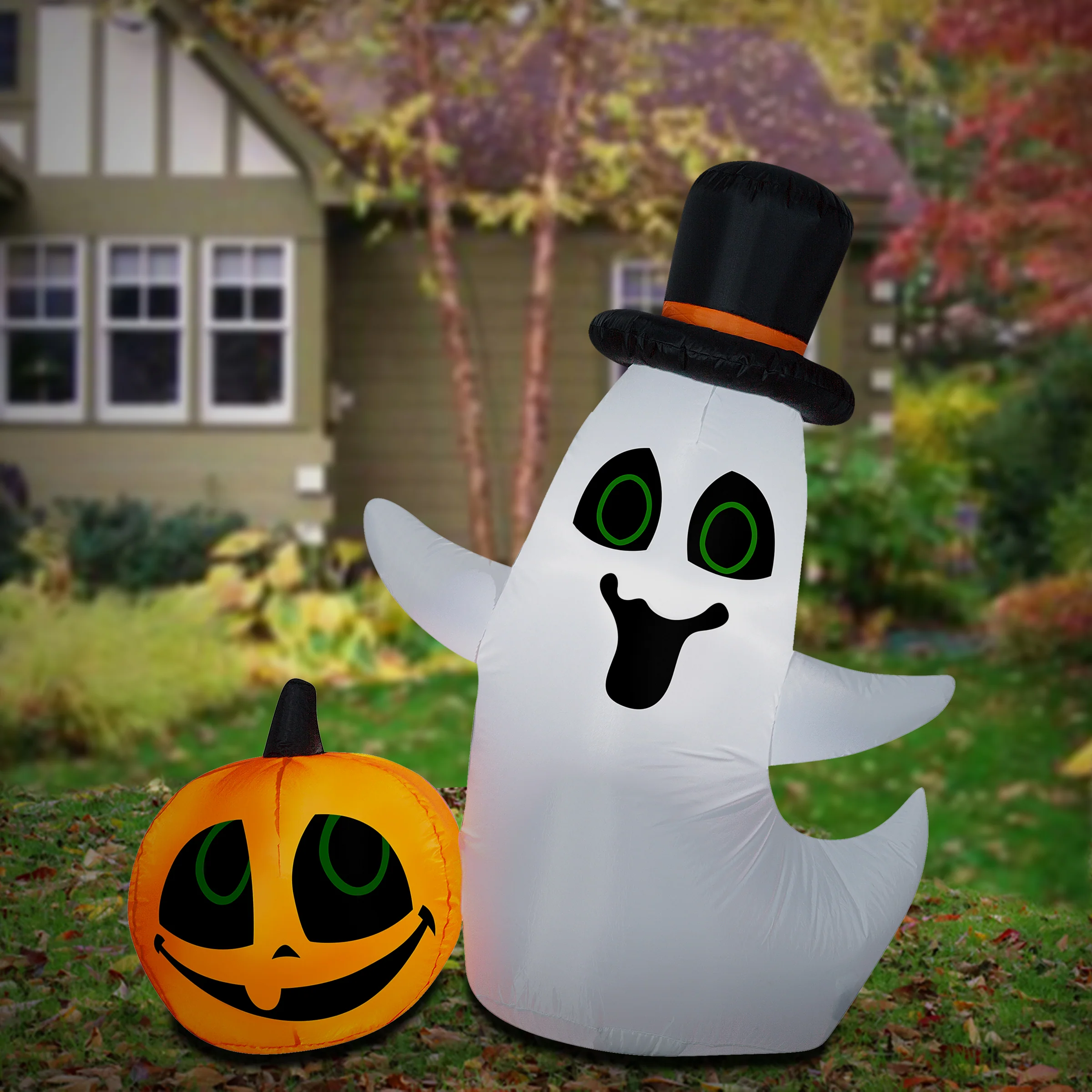 4 ft. Halloween Ghost with Pumpkin Small Scene Inflatable Decoration, Plug-In - Image 2