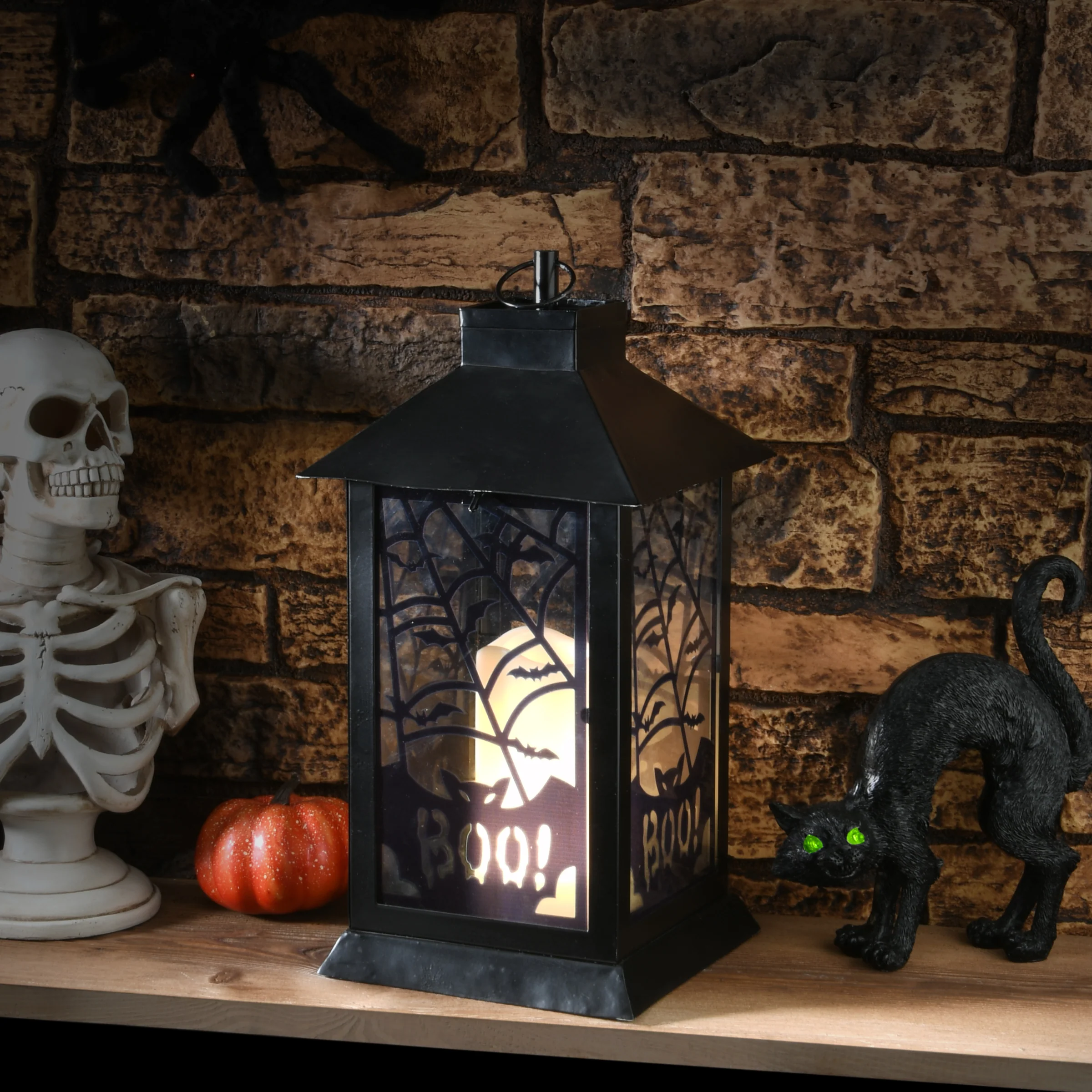 16 in. Halloween Carved Images of Bats and Cobwebs Lantern with LED Lights - Image 2