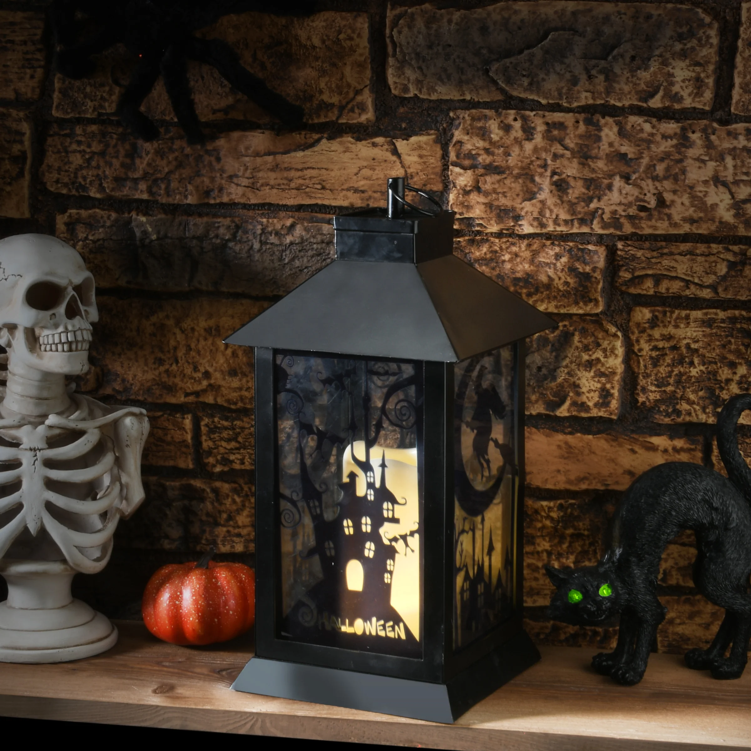 16 in. Halloween Carved Images of Witches and Cobwebs Lantern with LED Lights - Image 2