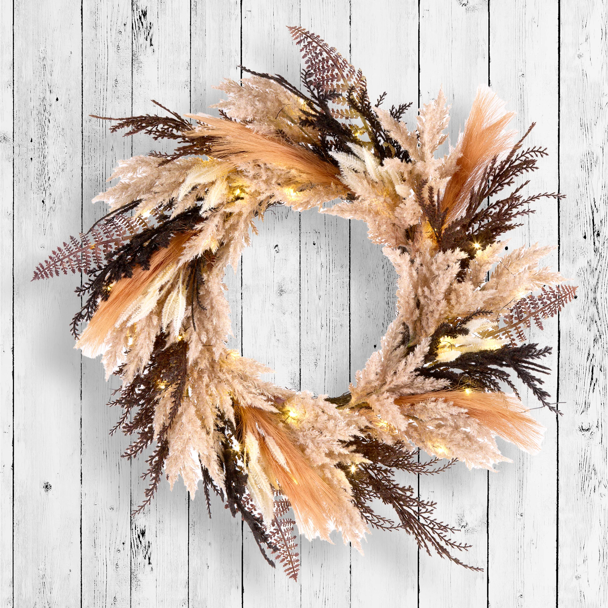 26 in. Pre-Lit Halloween Orange and Black Pampas Wreath with LED Lights - Image 2