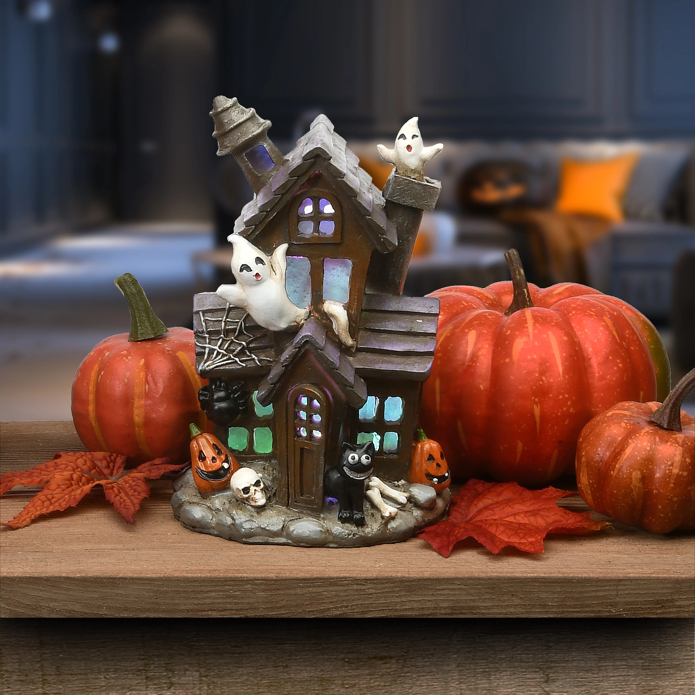 6 in. Halloween Pre-Lit Black Haunted House Decoration with LED Lights - Image 2