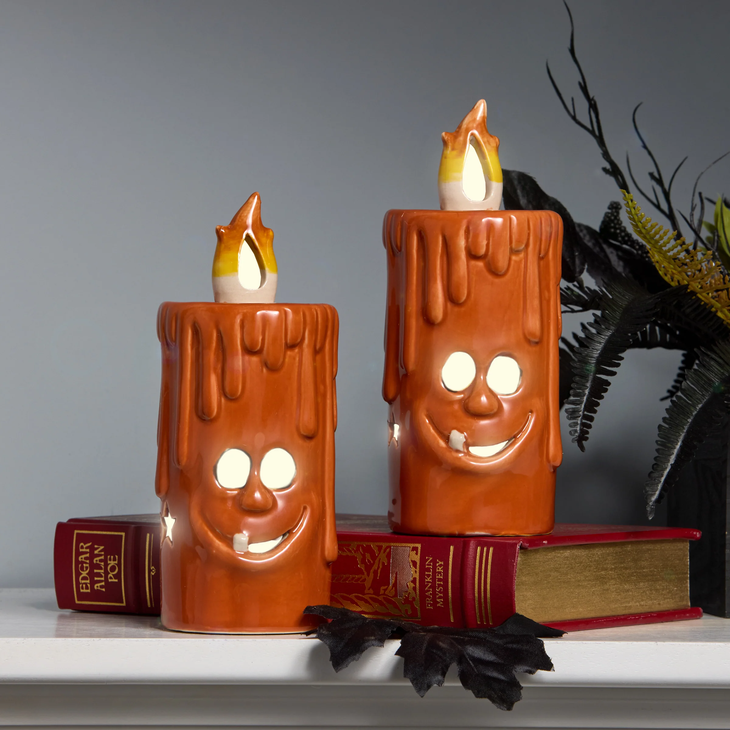 7 in. 2-Piece Pre-Lit Halloween Jack Porcelain Candle with Multicolor LED Lights - Image 2
