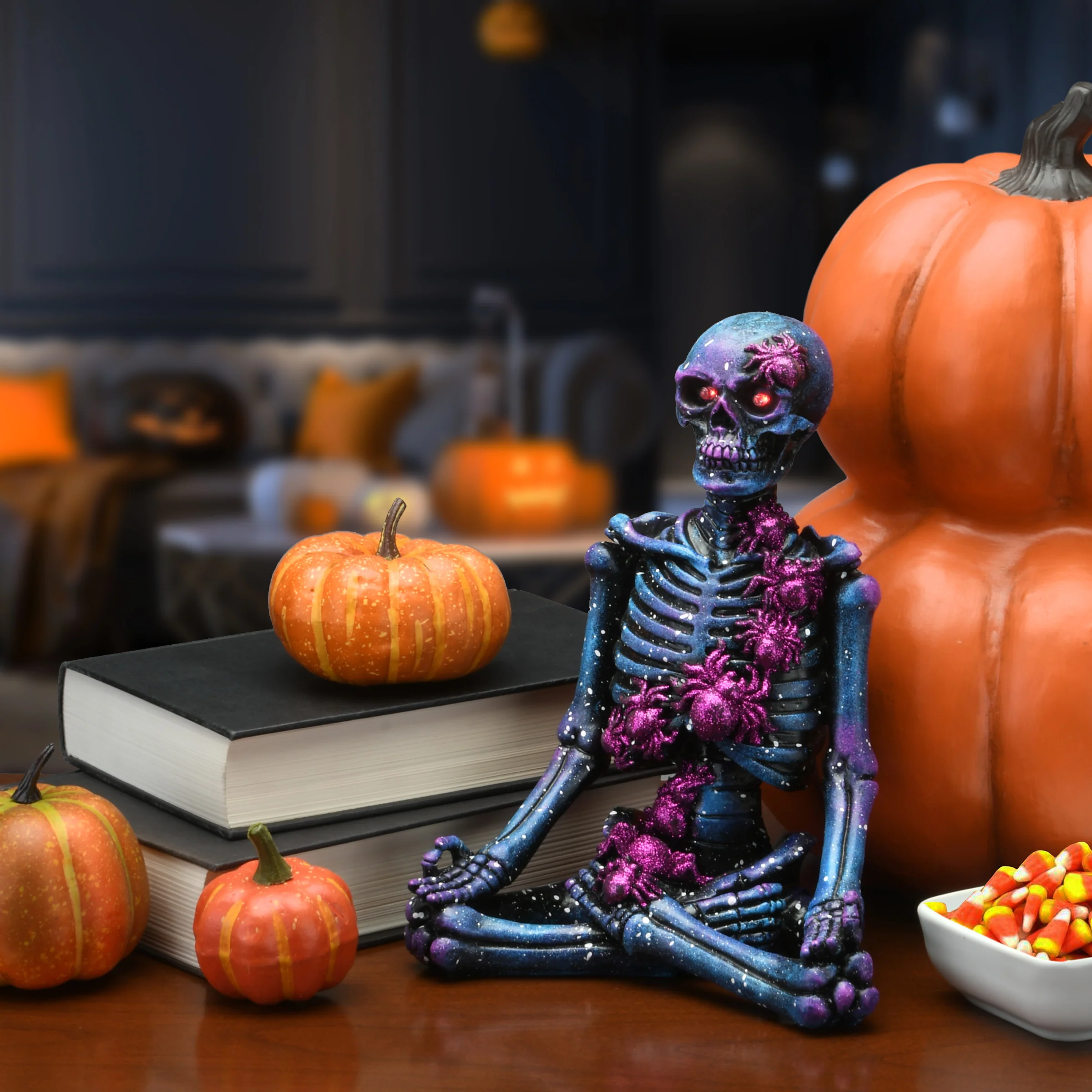 10 in. Halloween Purple Galaxy Meditating Skeleton with LED Lights - Image 2