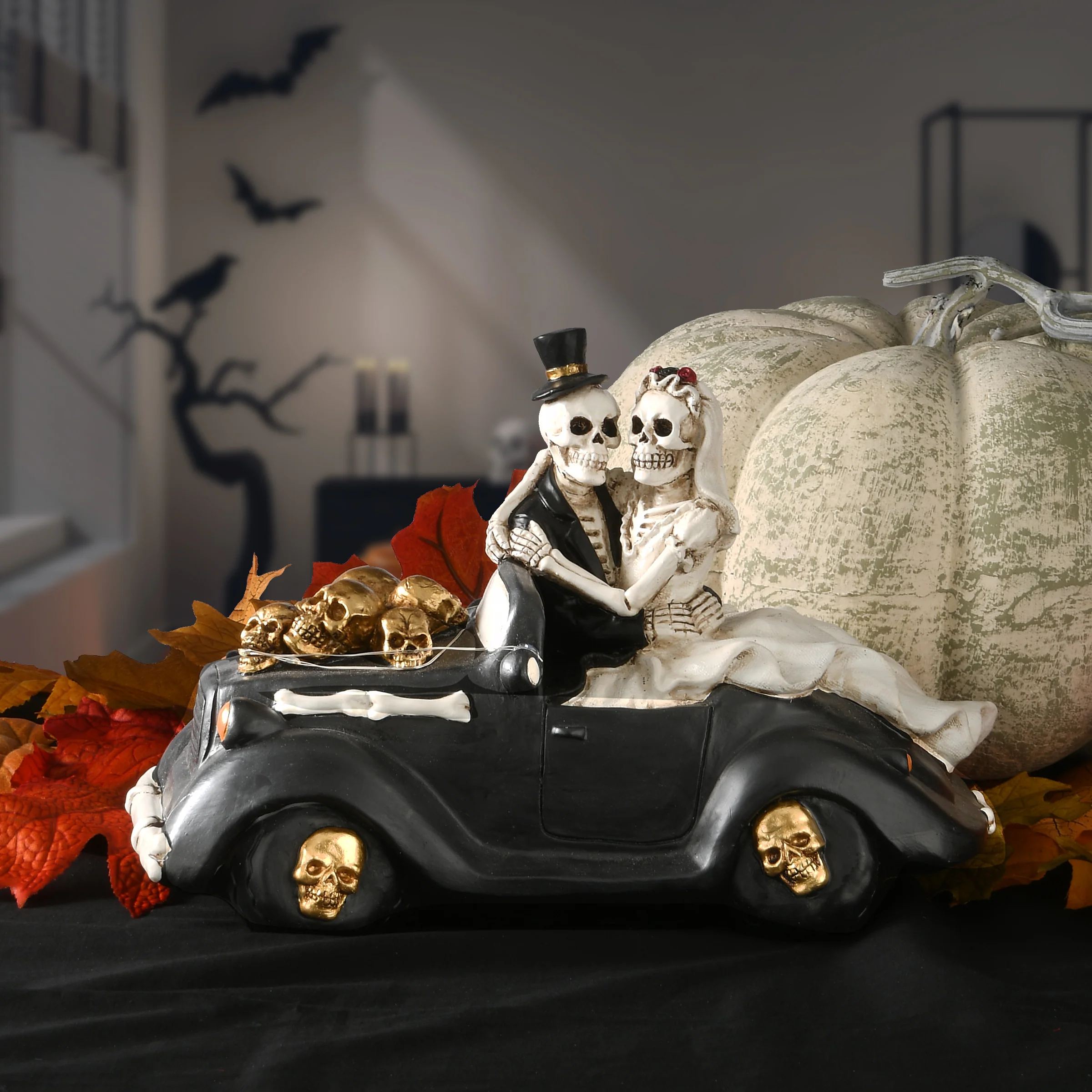 8 in. Halloween Skeleton Bride and Groom in Black Car with LED Lights - Image 2