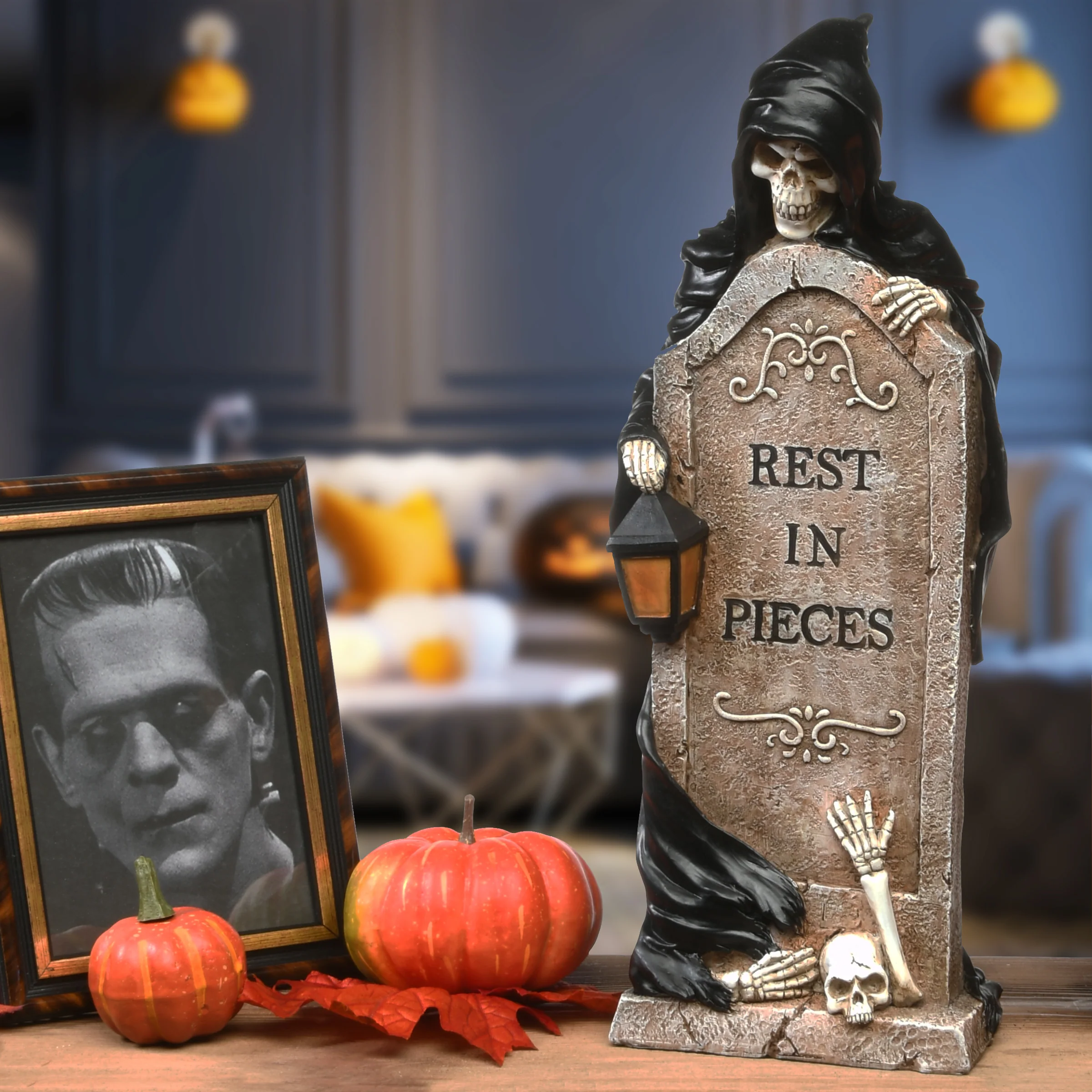 16 in. Halloween Skeleton Grim Reaper Standing with a Gravestone Decoration - Image 2
