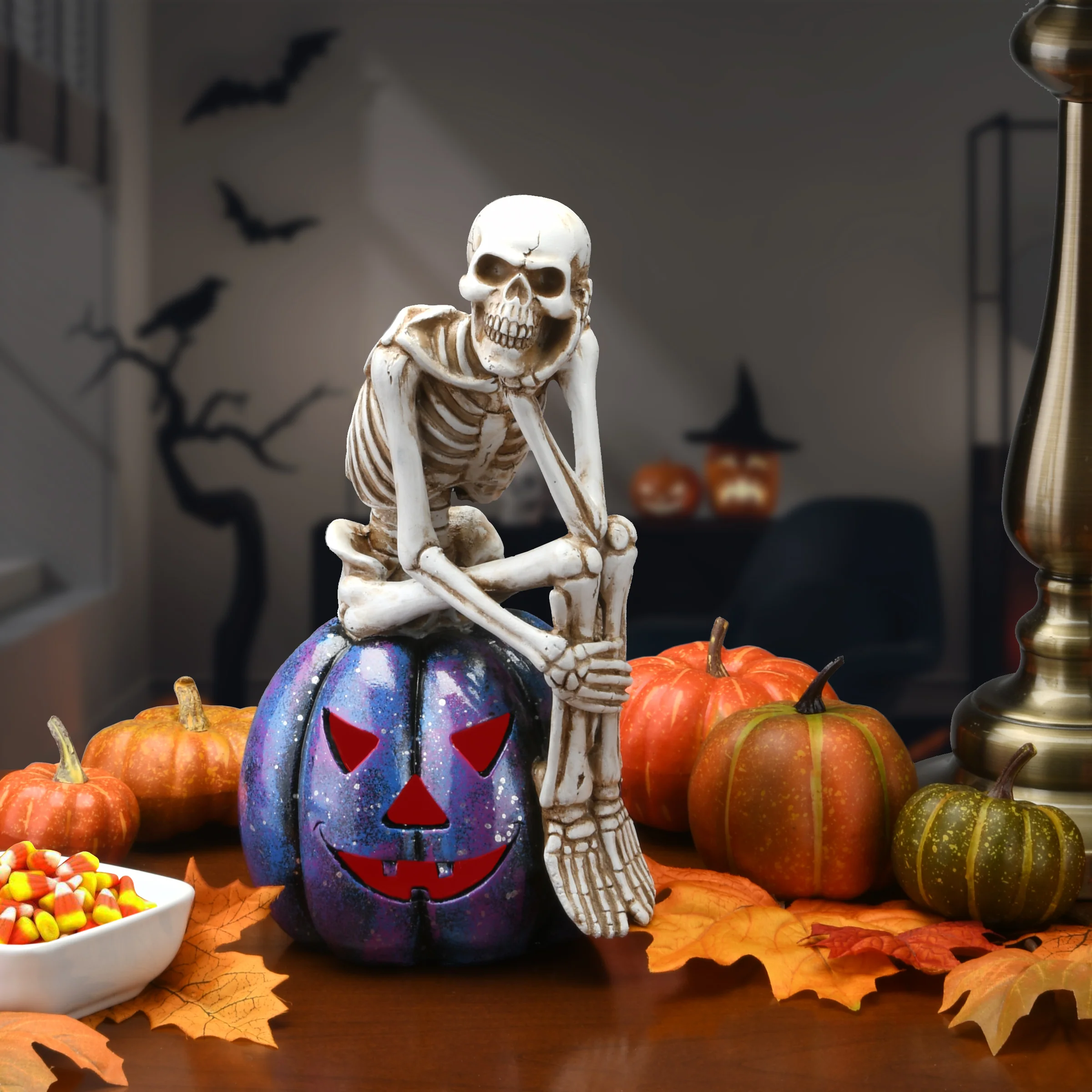 11 in. Halloween Skeleton Resting on a Purple Galaxy Jack O Lantern - Image 2