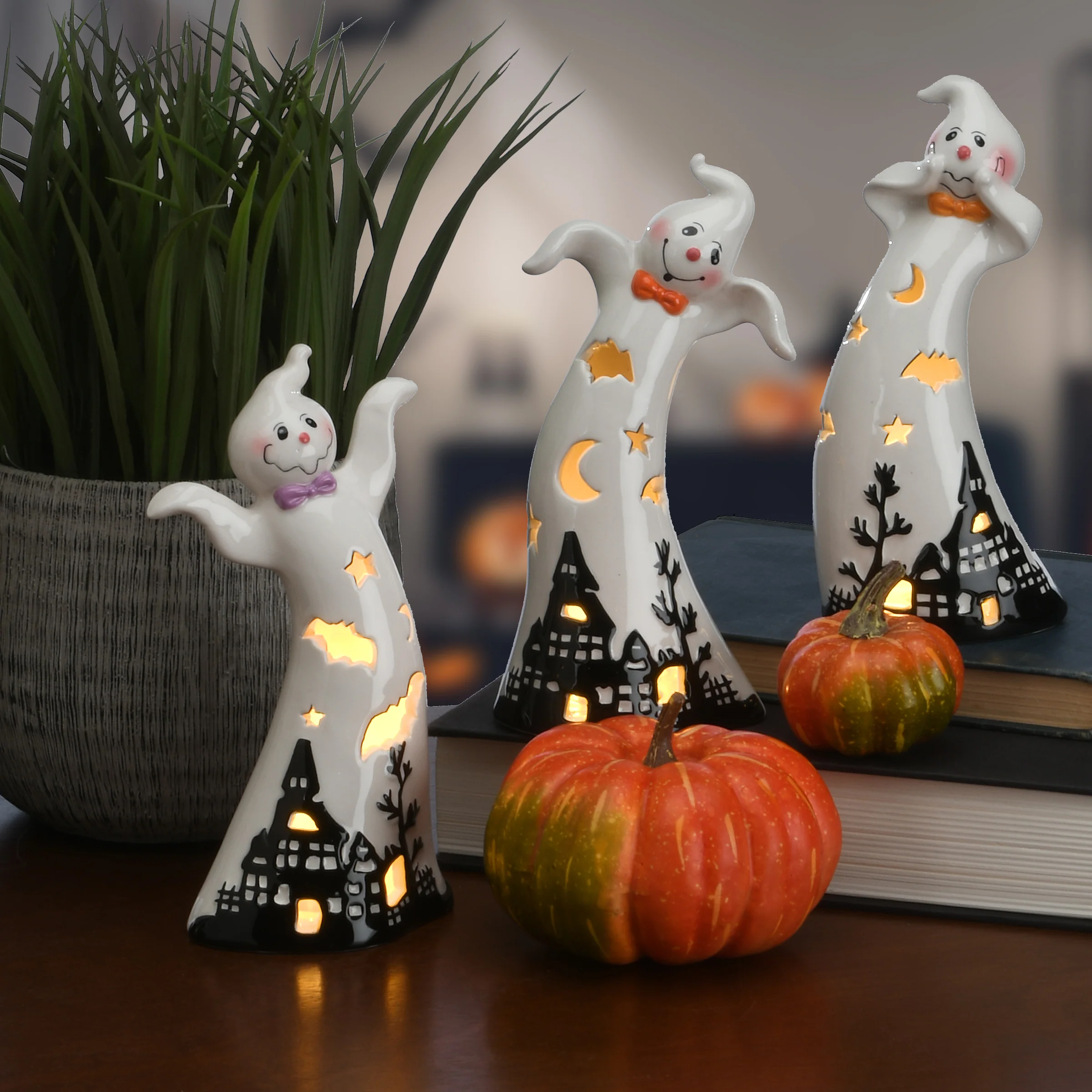 7 in. 3-Piece Halloween Three Dancing Ghosts Ceramic Decoration with LED Lights - Image 2
