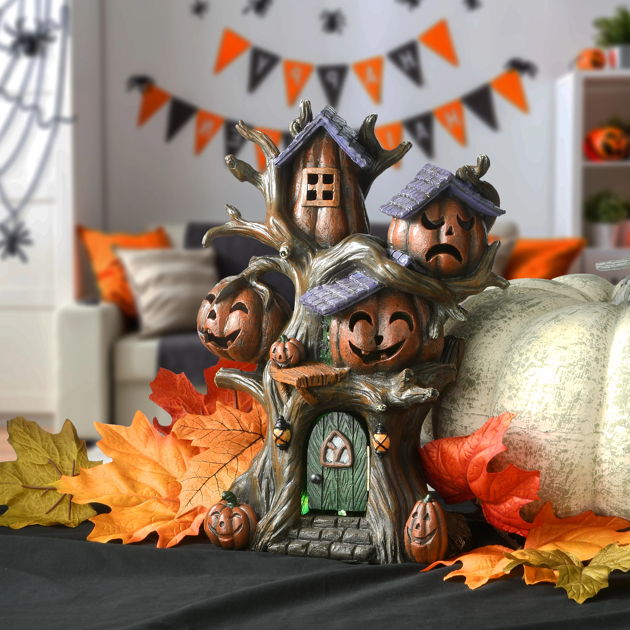 12 in. Halloween Pumpkin Tree House with Multi Color LED Lights - Image 2