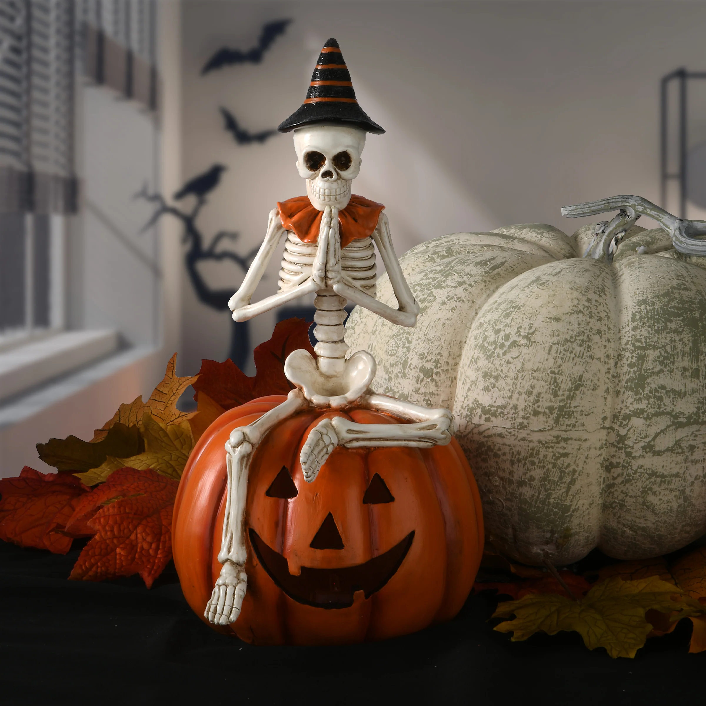 12 in. Halloween Trick or Treat Skeleton on Jack O Lantern with LED Lights - Image 2
