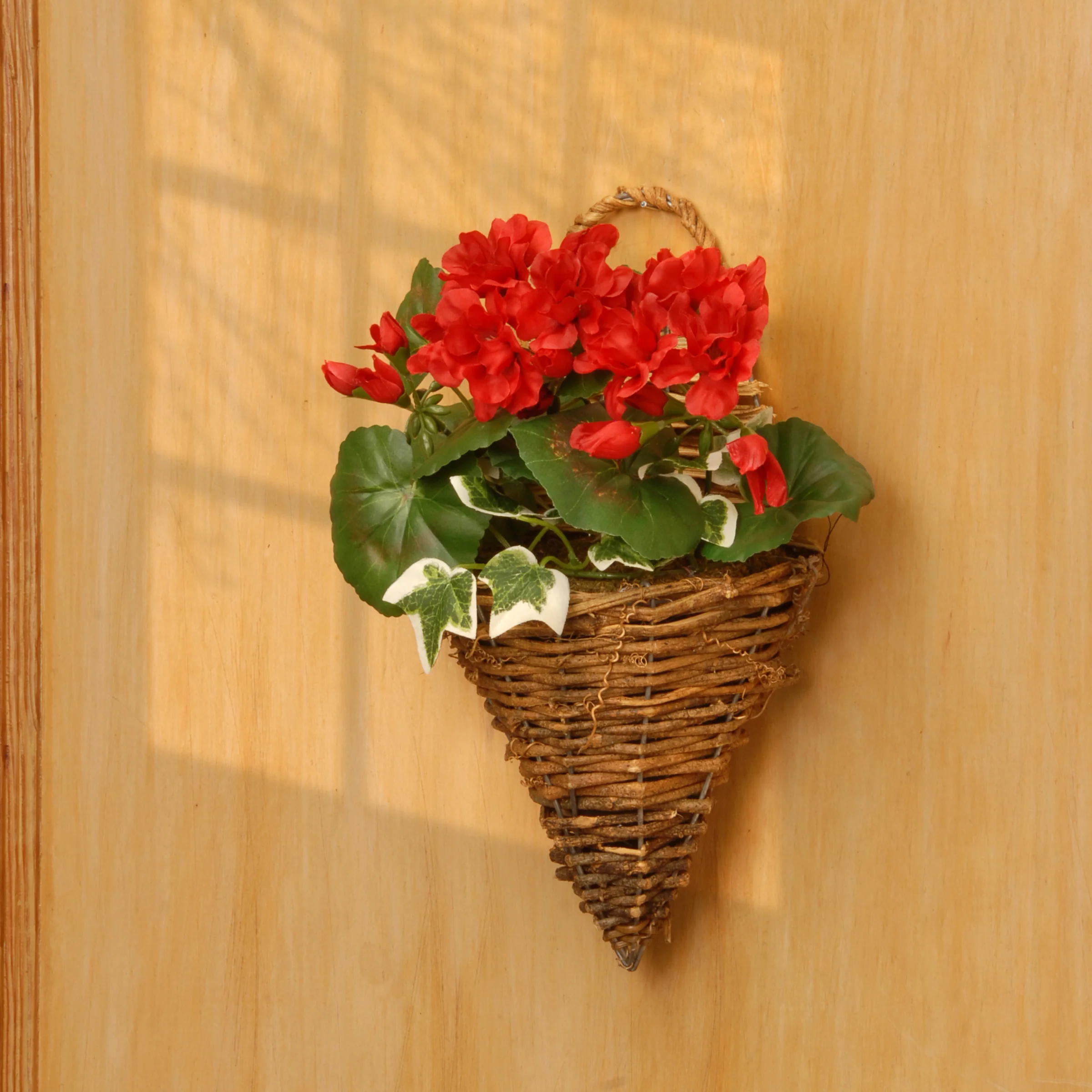 11 in. Spring Wall Cone Basket with Red Geranium & Ivy Flowers - Image 2
