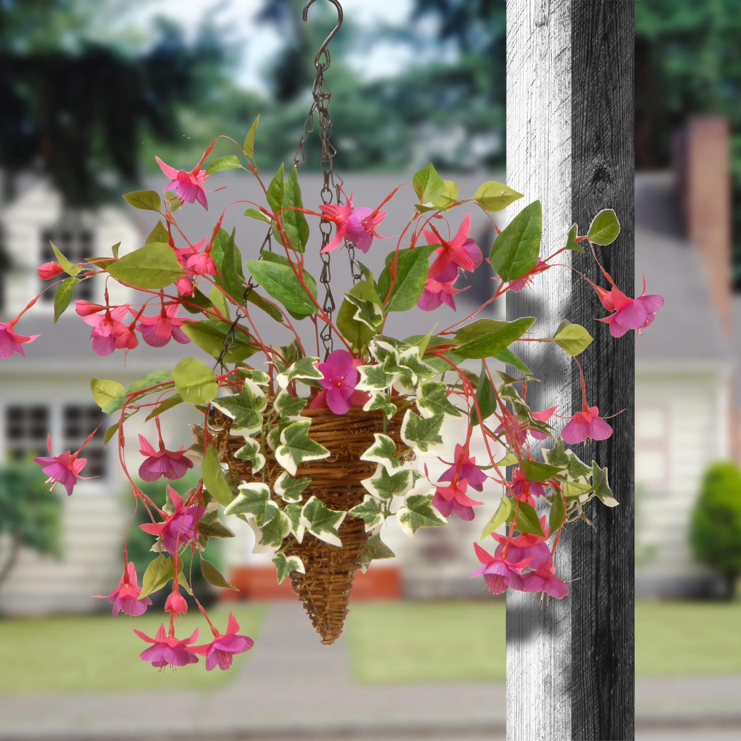 15 in. Spring Hanging Cone Basket with Purple Flowers, Ivy - Image 2