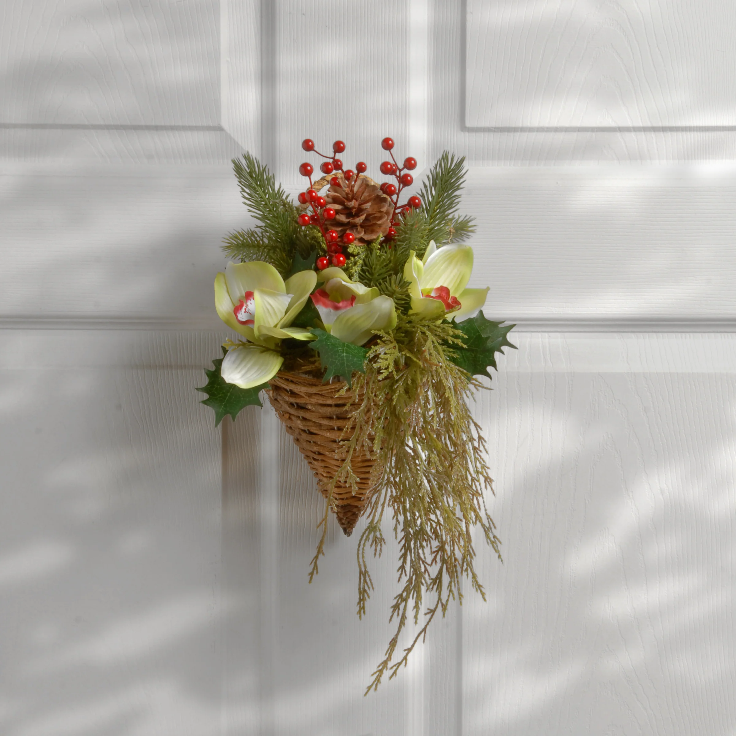 11 in. Spring Hanging Cone Basket with Green Flowers, Ivy, Berry Clusters, Pine Cones - Image 2