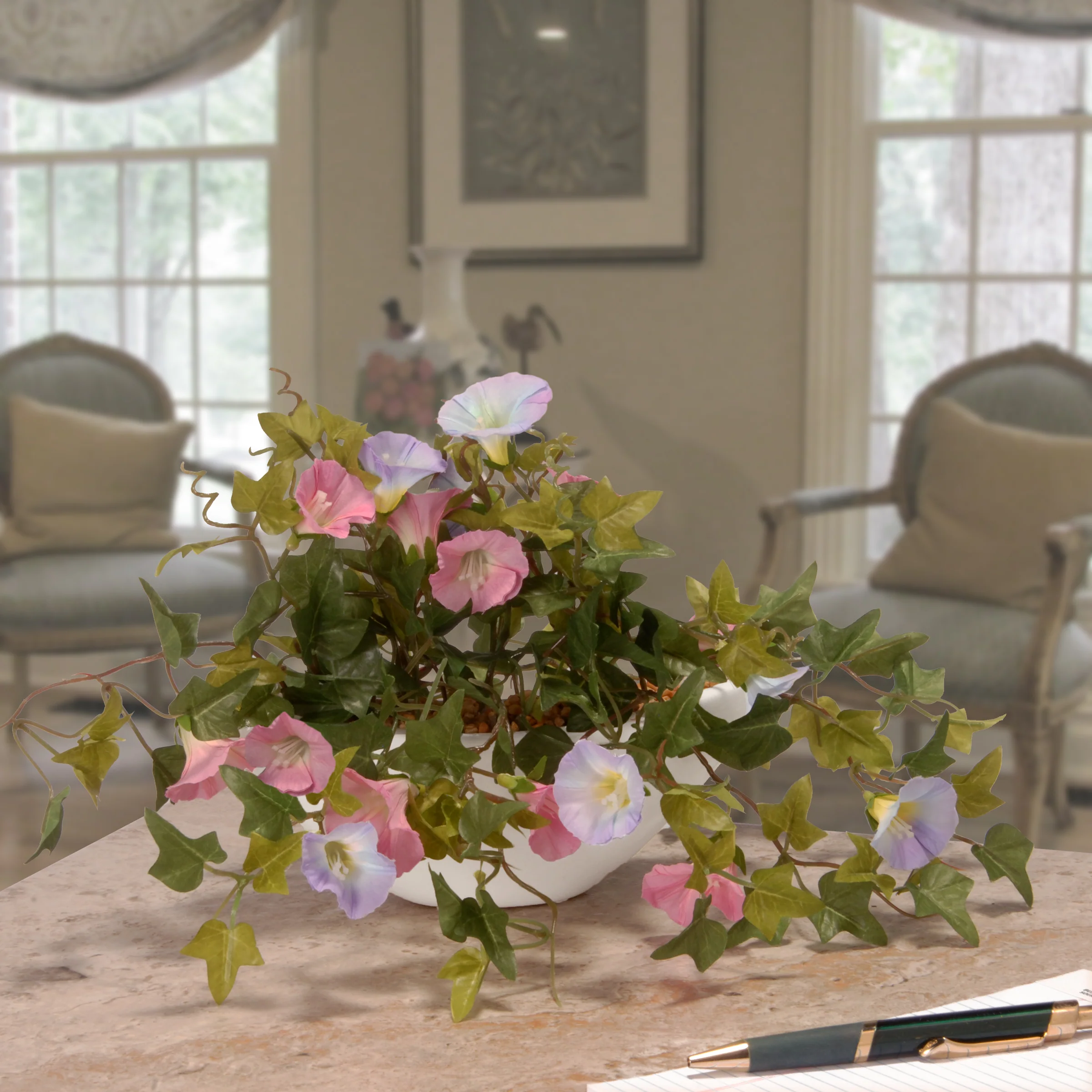 National Tree Company Artificial Hanging Pot Decoration, White Pot Base, Decorated with Assorted Flower Blooms, Leafy Greens, Includes Metal Hanging Loop, Spring Collection, 9 Inches - Image 3