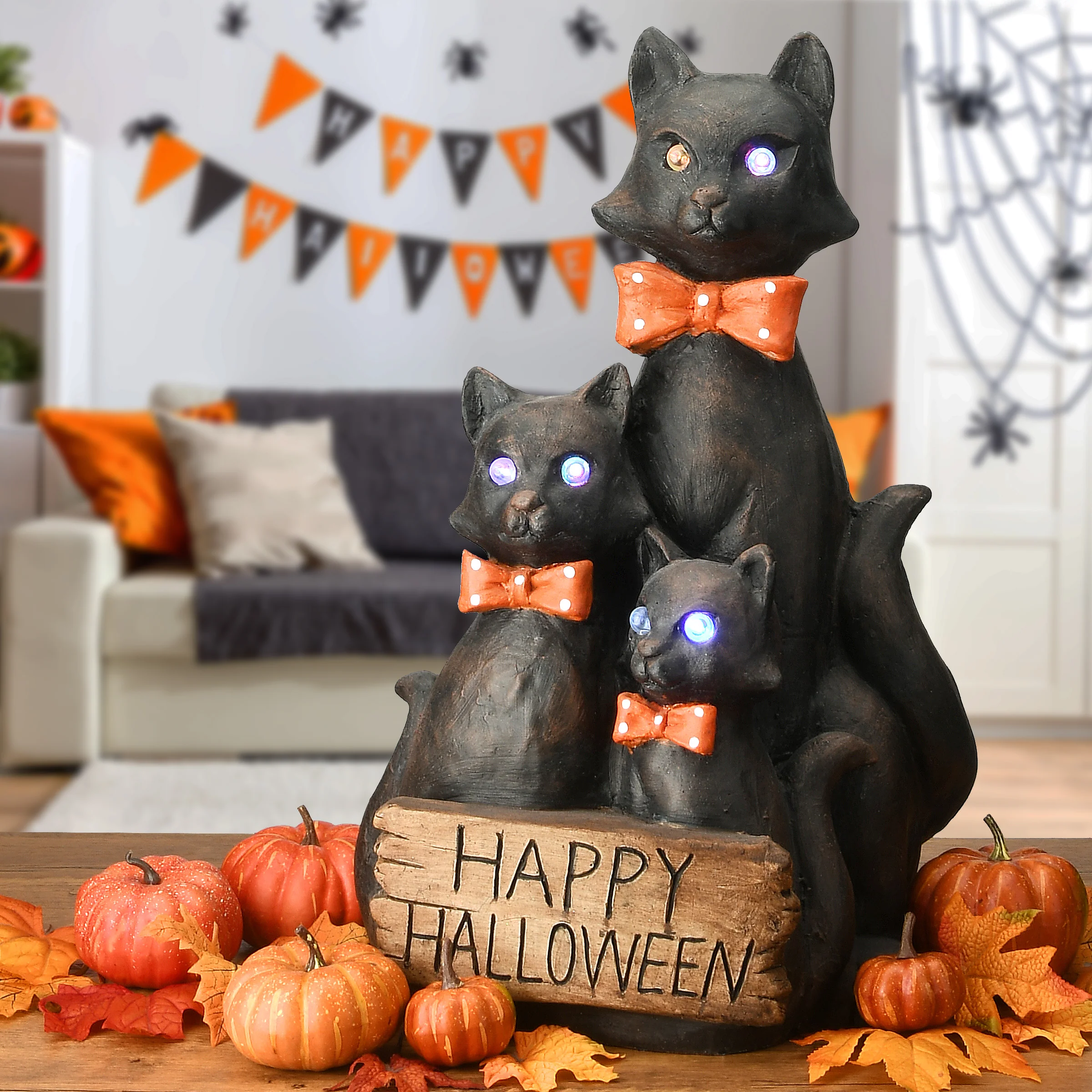 21 in. Halloween 3 Black Cats with Happy Halloween Sign and Multi Color LED Lights - Image 2