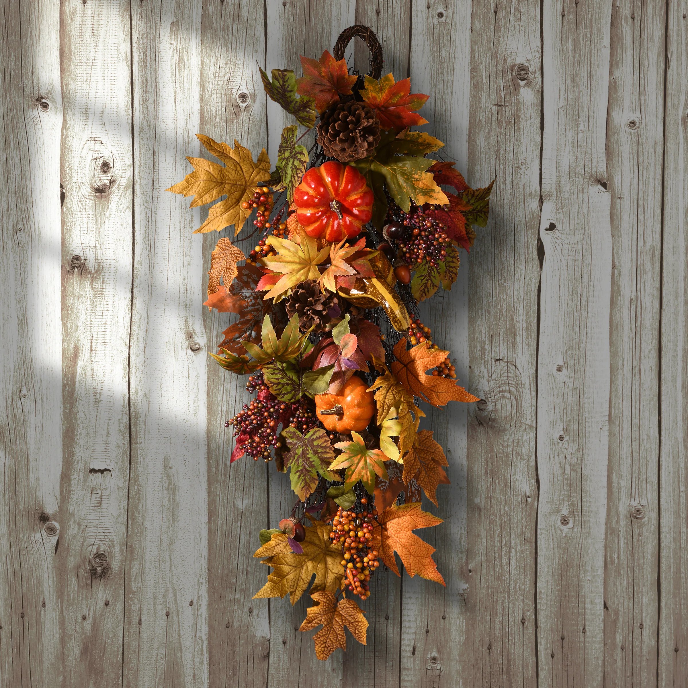 26 in. Fall Teardrop Hanging Wall Decoration with Pumpkins, Gourds, Pinecones, Berry Clusters, Maple Leave - Image 2