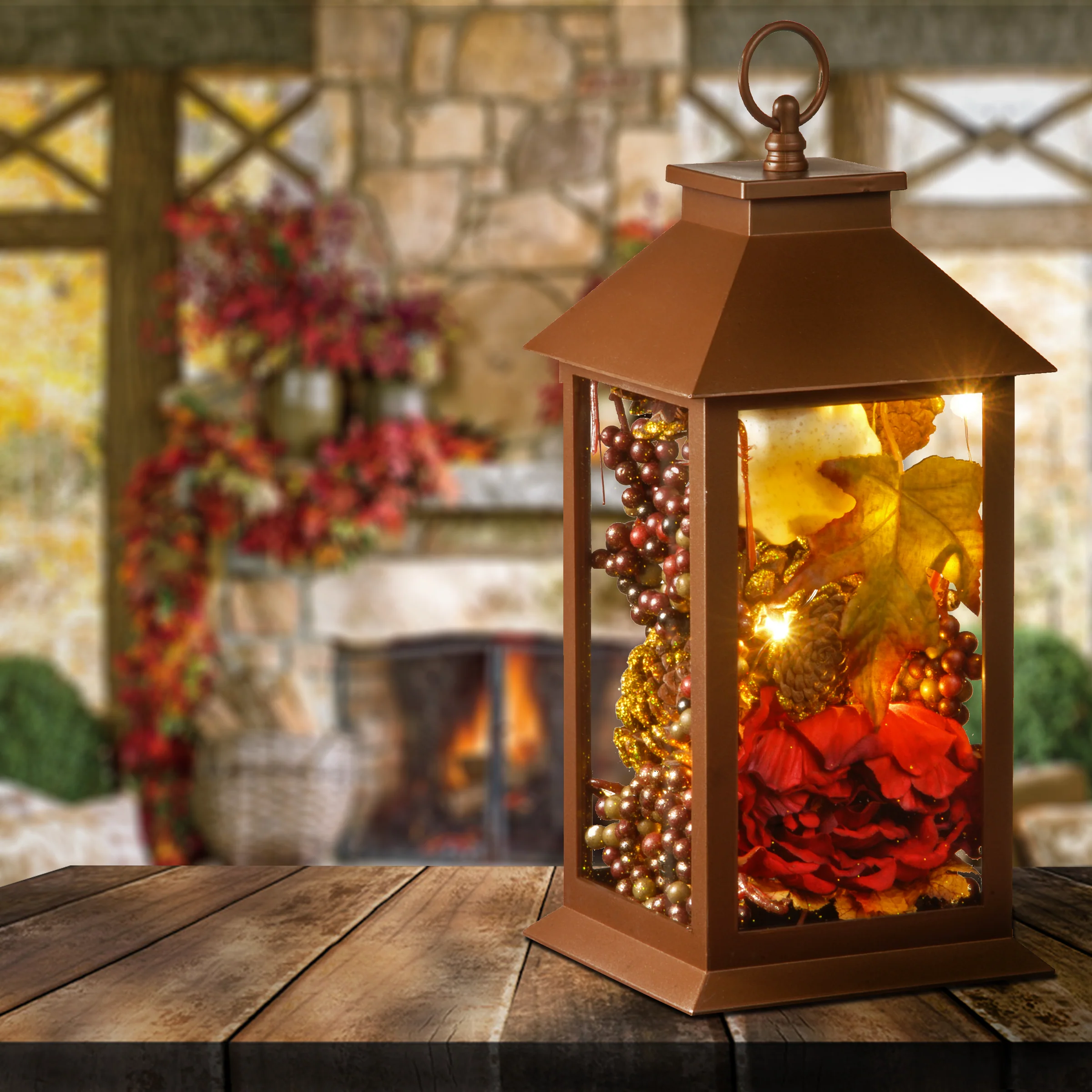 12 in. Fall Lantern with LED Lights, Filled with Pumpkins, Leaves, Flowers, Berry Clusters - Image 2