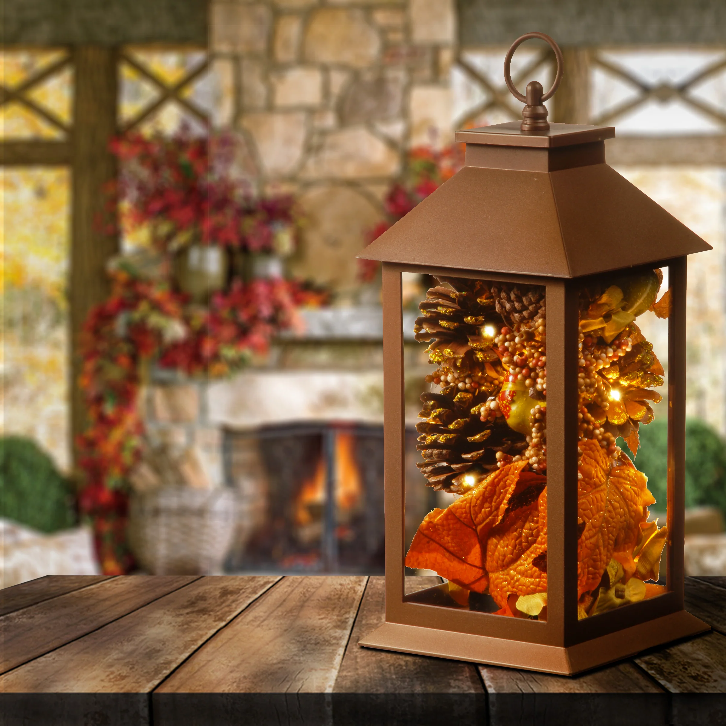 12 in. Decorative Fall Lantern with LED Lights - Image 2