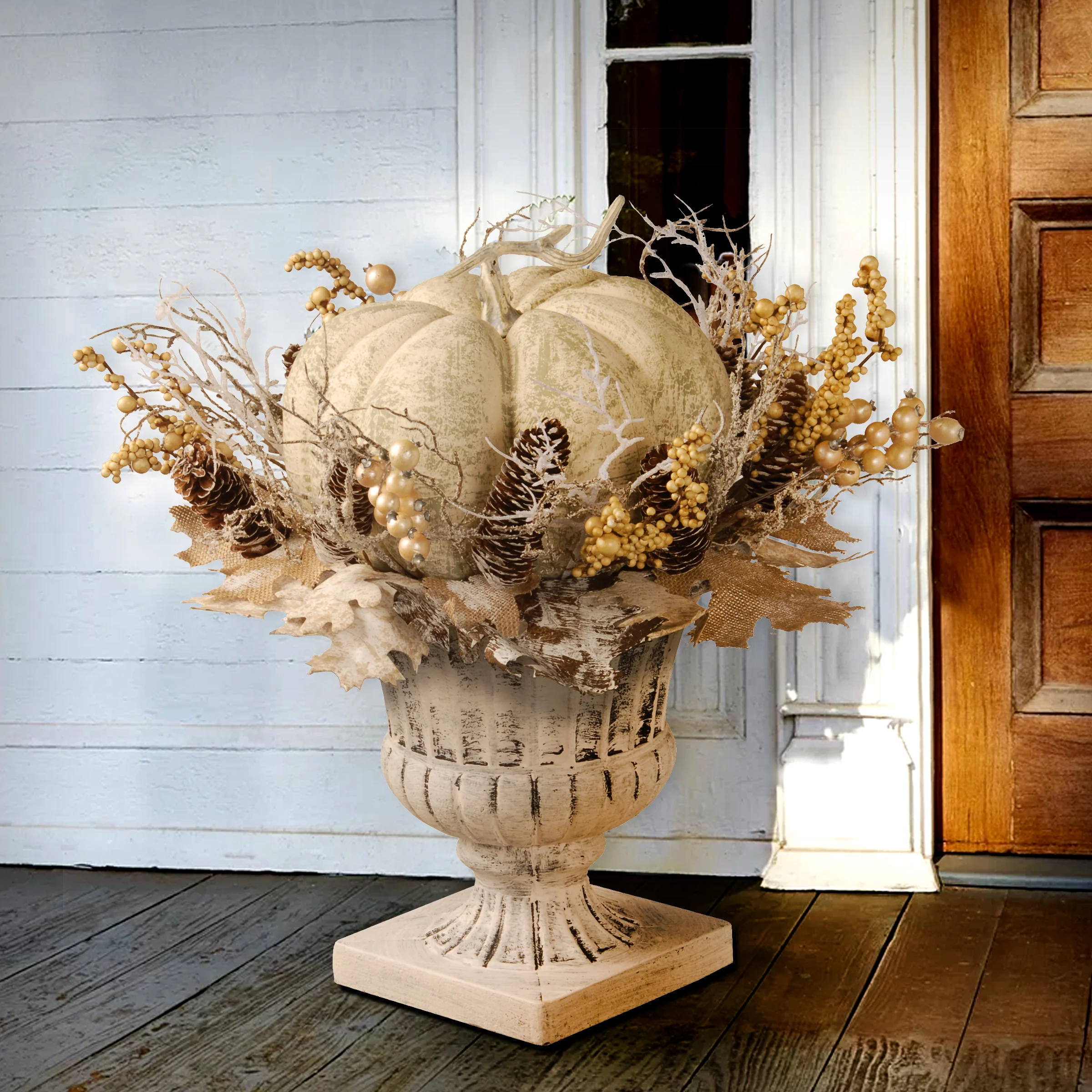 18 in. Fall Pumpkin Urn with Pinecones, Berry Clusters, Branches - Image 2