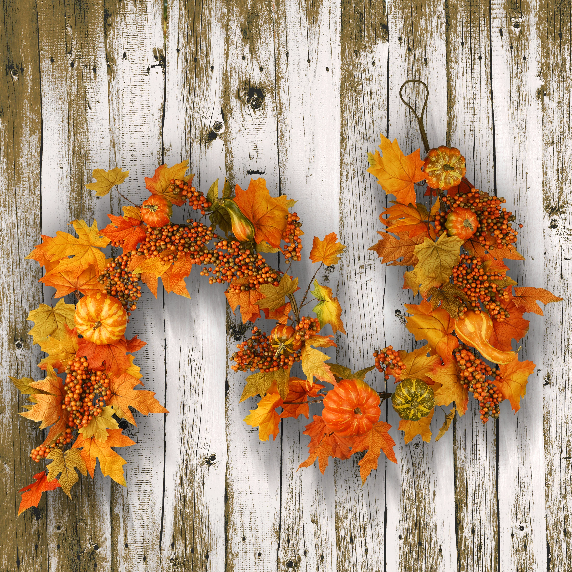 Artificial Autumn Garland, Orange, Made with Pumpkins, Gourds, Maple Leaves, Berry Clusters, Autumn Collection, 5.8 ft - Image 2