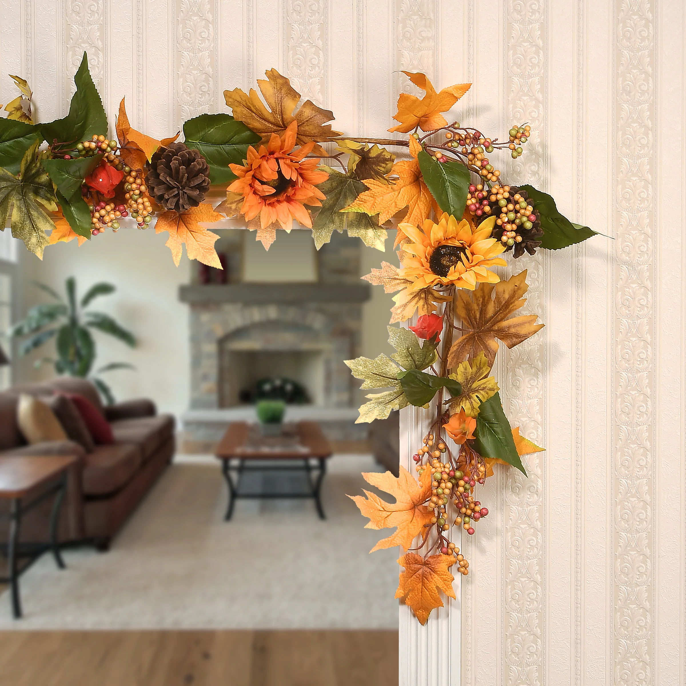 6 ft. Fall Garland with Sunflowers, Pinecones, Berry Clusters, Maple Leaves - Image 2