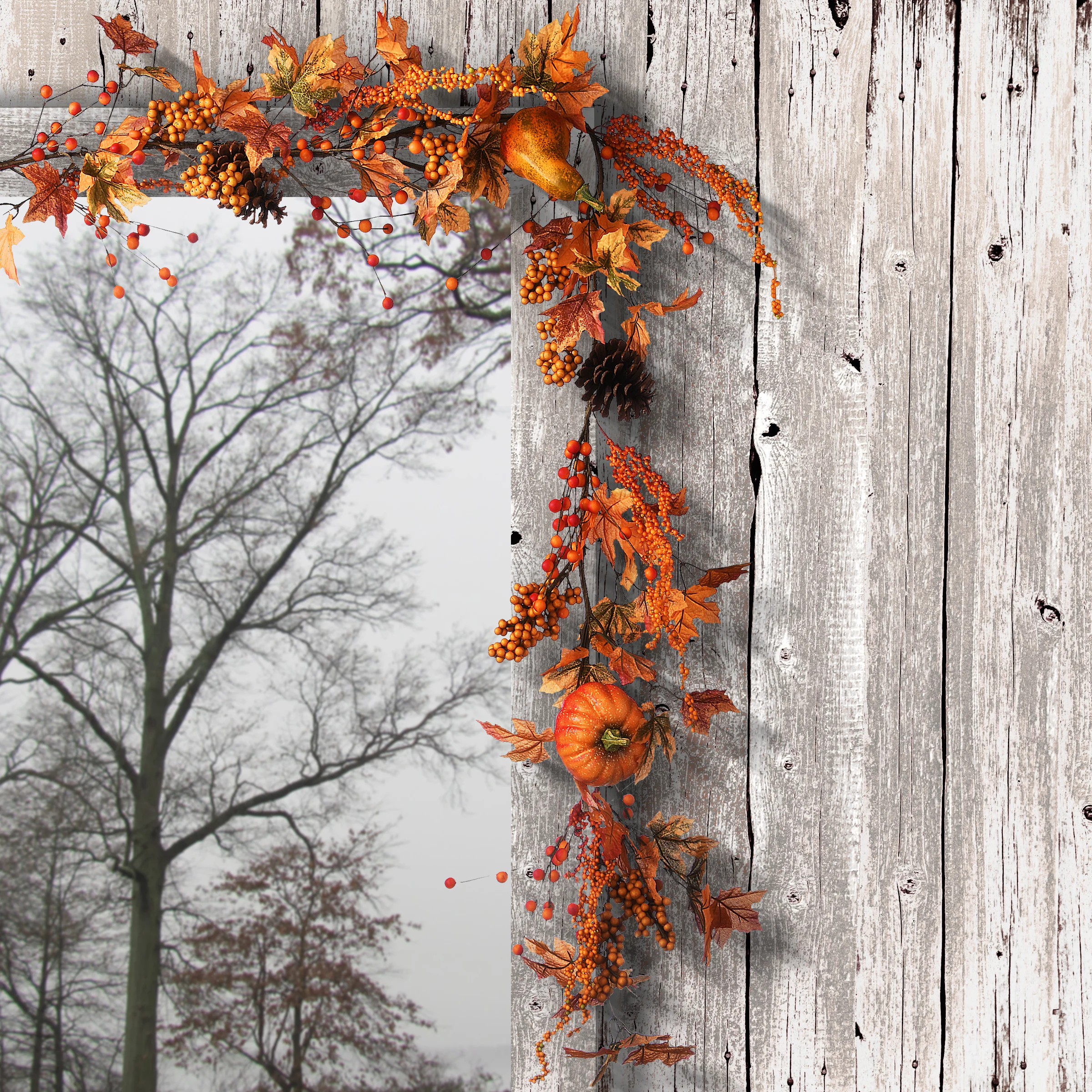6 ft. Fall Garland with Pumpkins, Pinecones, Berry Clusters, Maple Leaves - Image 2