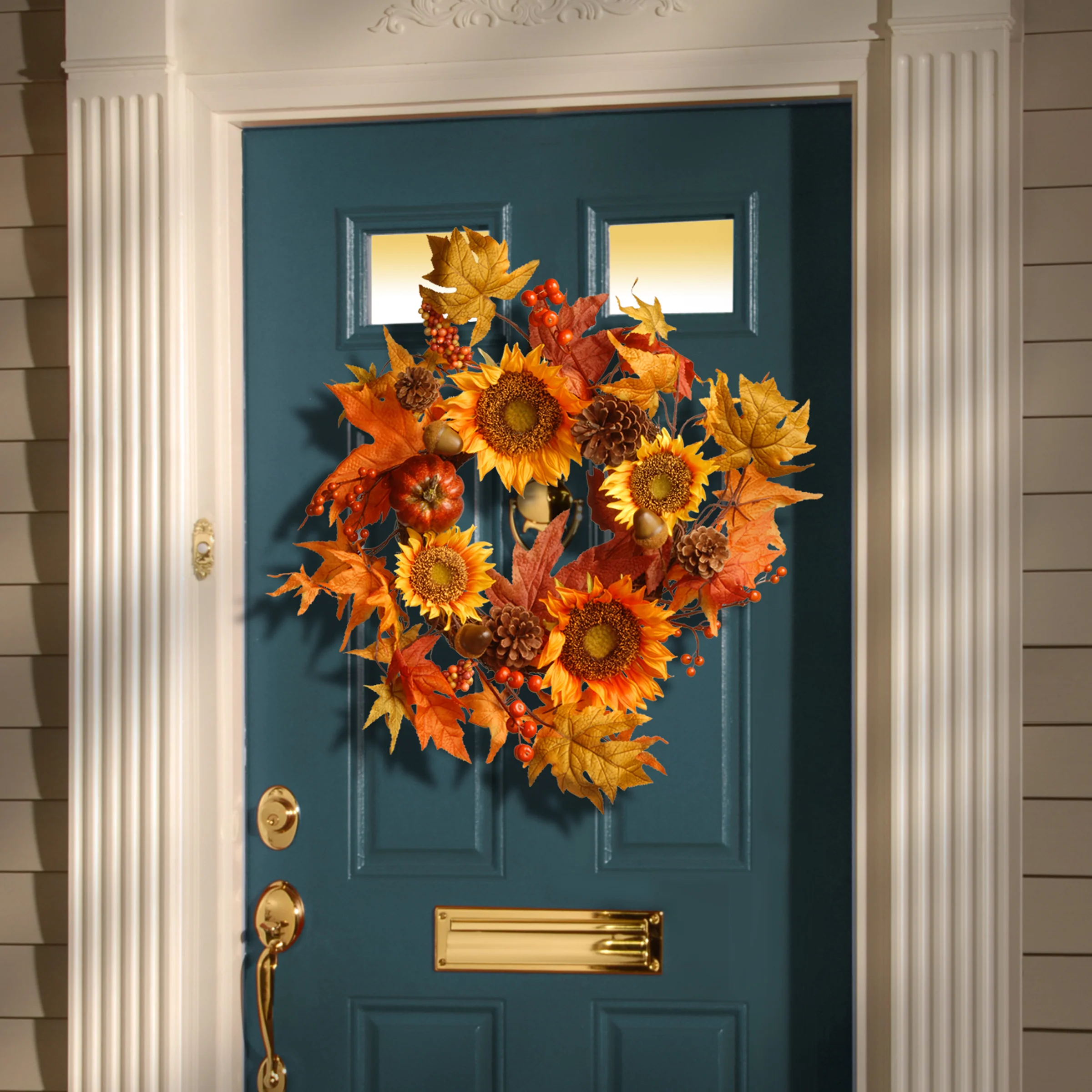 22 in. Fall Wreath with Sunflowers, Pinecones, Berry Clusters, Acorns, Pumpkins, Maple Leaves - Image 2
