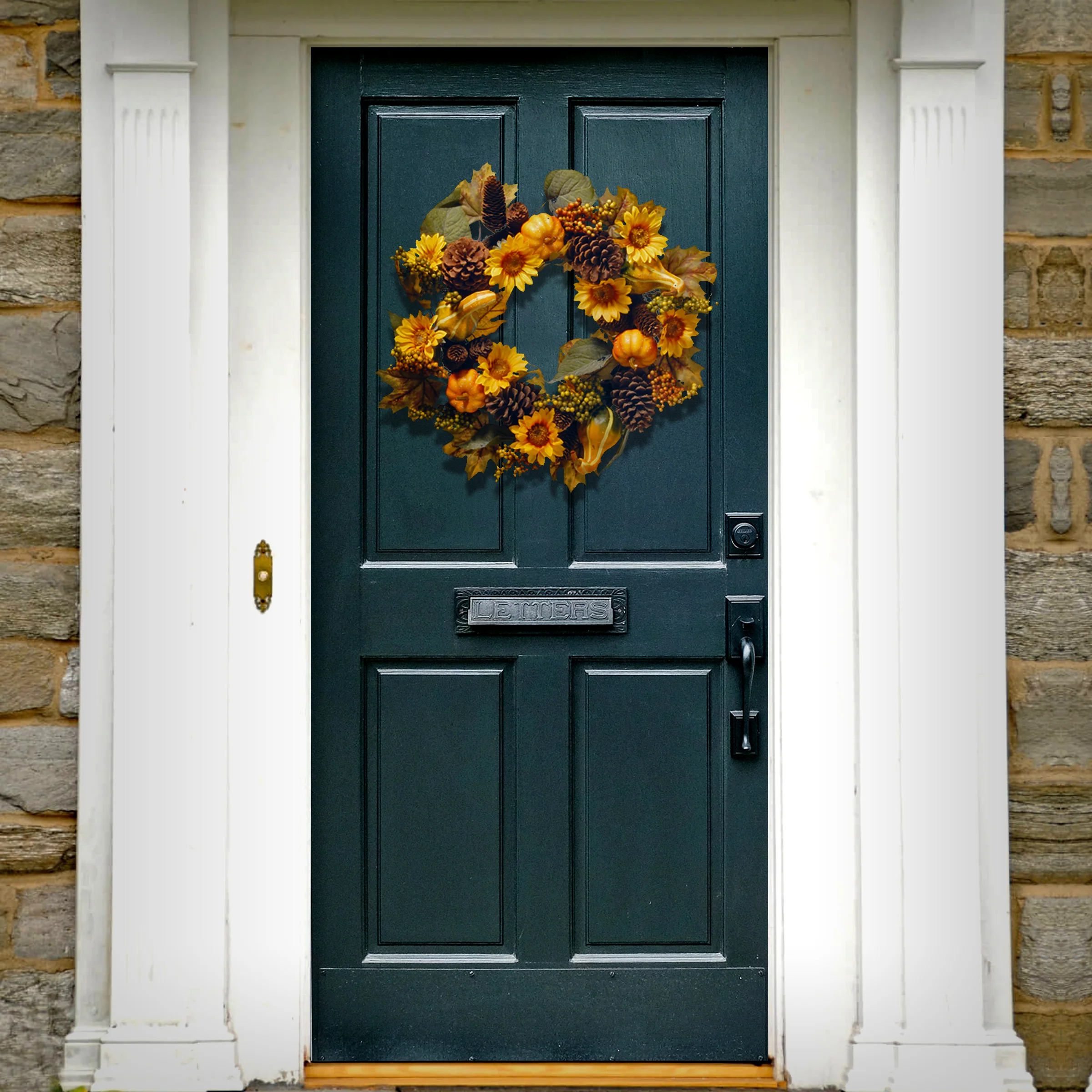 22 in. Fall Wreath with Pumpkins, Gourds, Pinecones, Sunflowers, Berry Clusters, Assorted Leaves - Image 2