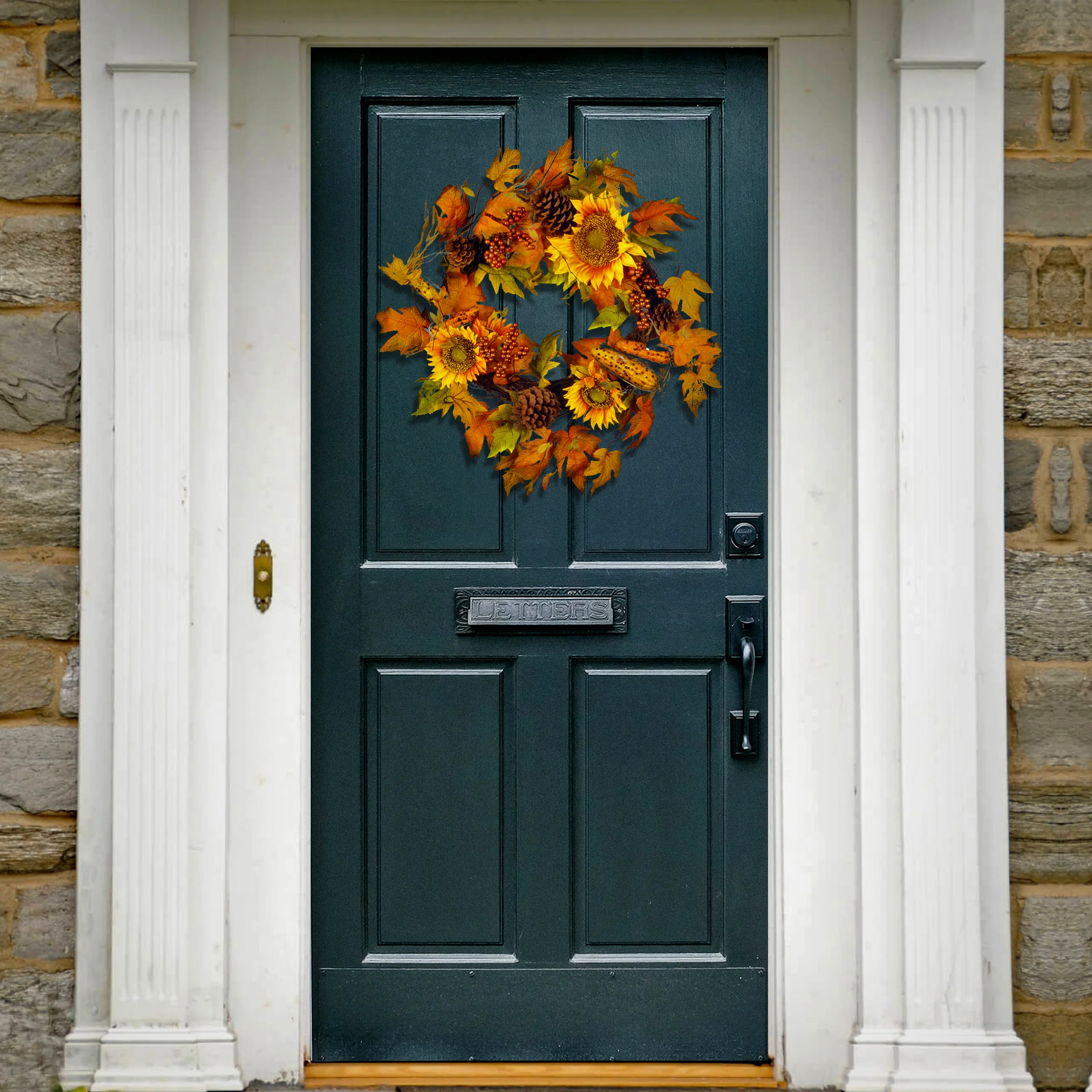 24 in. Fall Wreath with Sunflowers, Pinecones, Berry Clusters, Corncobs, Maple Leaves - Image 2